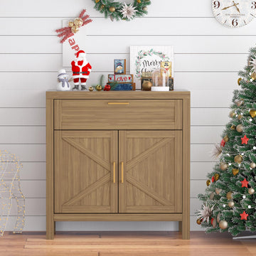 Credenza Garvee Buffet con contenitore, stile country moderno, 2 ante, ripiano regolabile, MDF P2, maniglie dorate, soggiorno, cucina, 87,9 cm di larghezza x 90 cm di altezza, color legno
