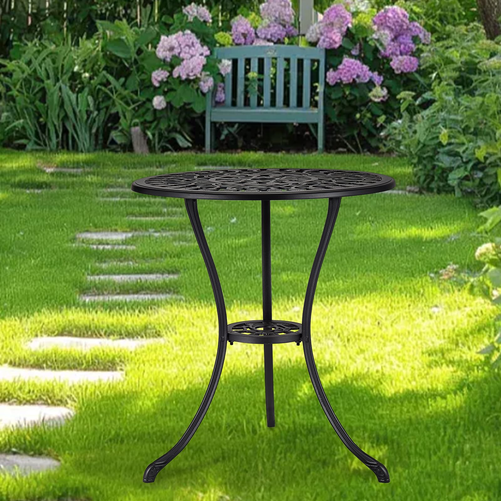 Tavolo da bistrot da esterno Garvee da 24" in ghisa rotonda con foro per ombrellone da 2" per balcone e giardino, nero