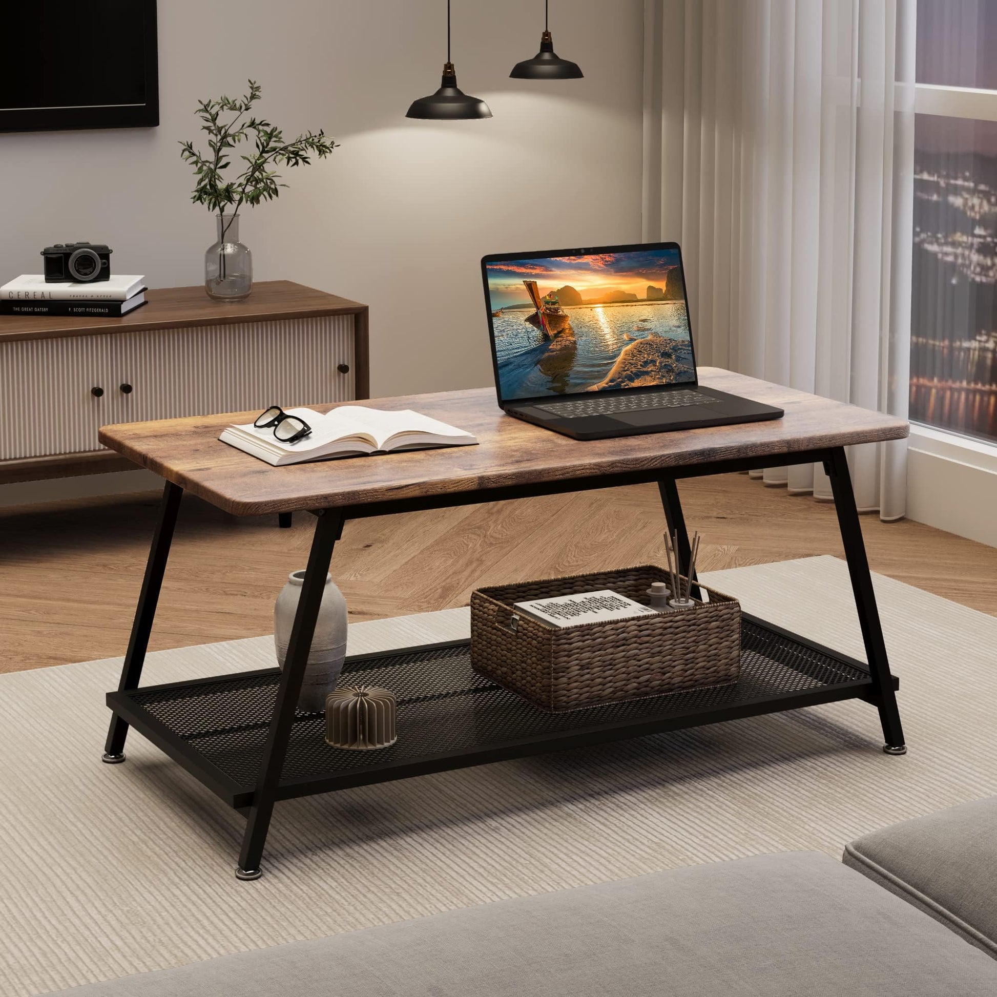 Tavolino da caffè in legno GARVEE, tavolino da soggiorno, tavolino con contenitore, tavolo moderno con struttura in acciaio e ripiano, tavolino da soggiorno, 100 x 50 x 46 cm