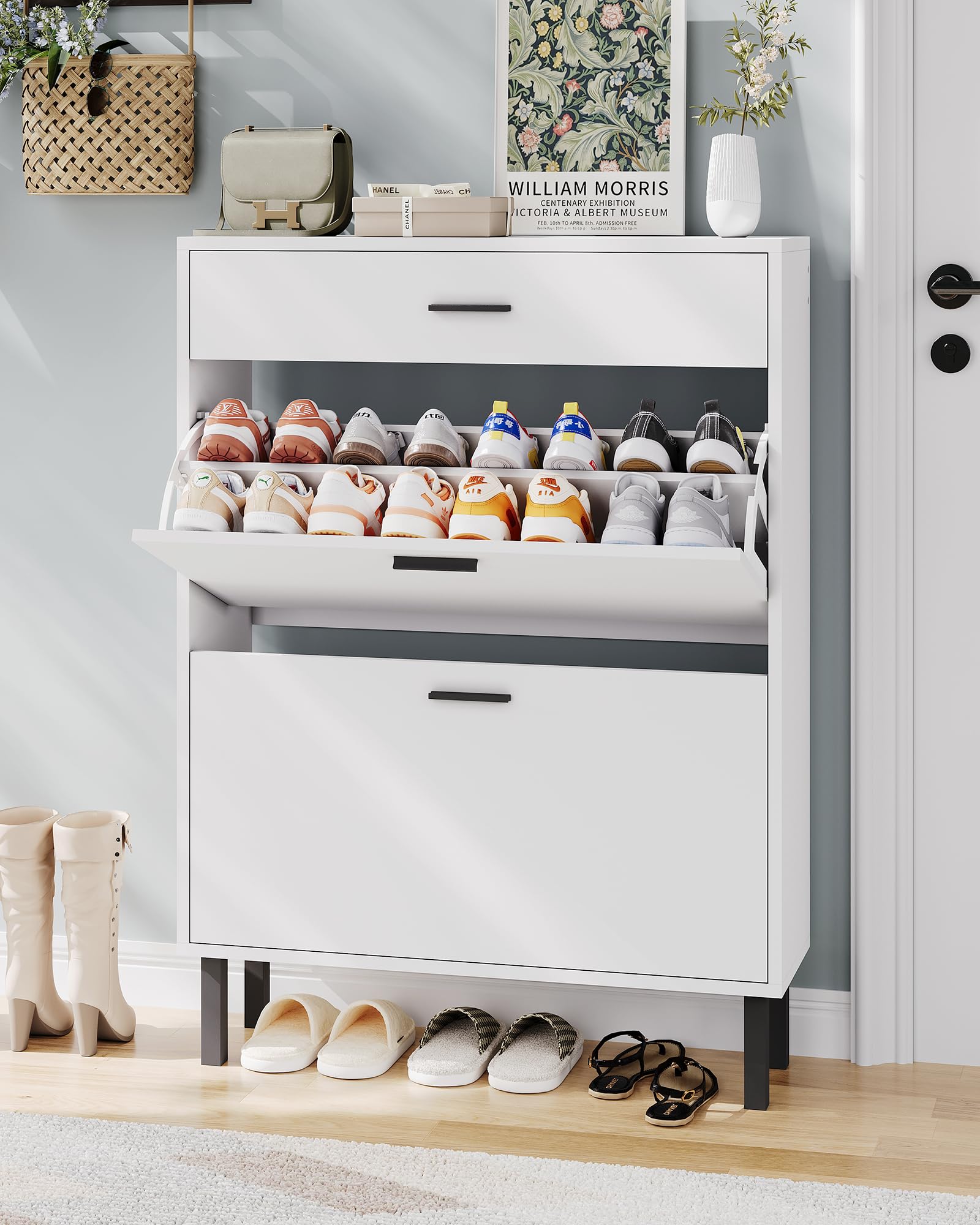 Scarpiera stretta Garvee con 3 cassetti e ripiani regolabili per corridoio e soggiorno, in legno MDF, antiribaltamento, moderna, colore naturale