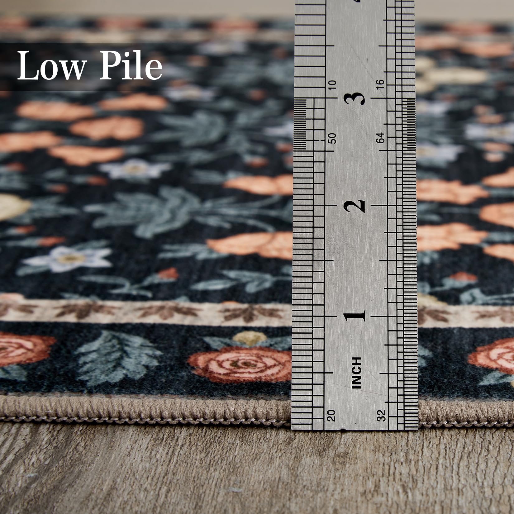 Tappeto decorativo da interno Garvee Boho 160x230cm, antiscivolo, a pelo corto, in fibre sintetiche morbide, motivo floreale nero vintage, per soggiorno, sala giochi