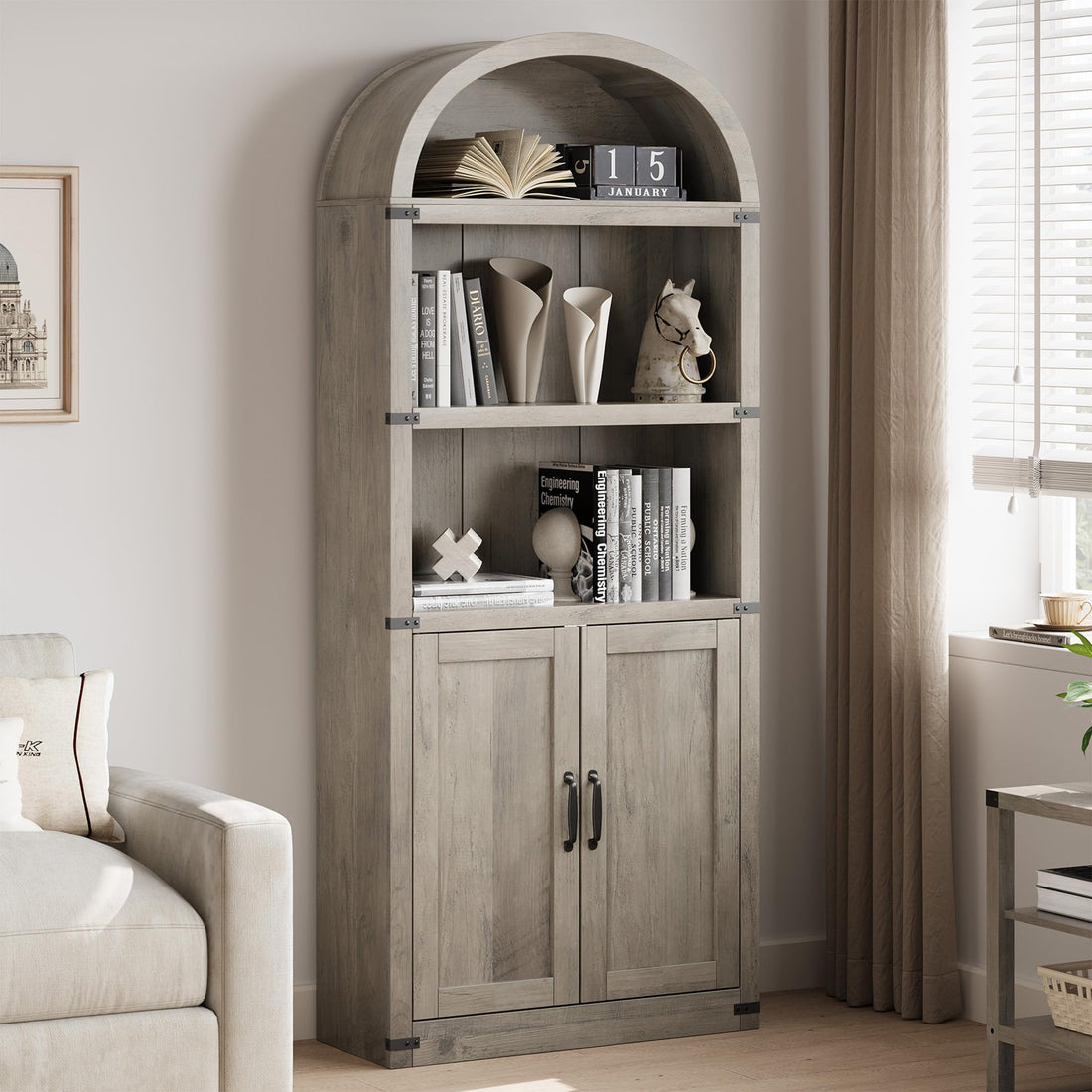 Libreria Garvee con ante, stile rustico, in legno MDF, protezioni angolari in metallo, per soggiorno e ufficio, altezza 71,65 pollici, colore naturale