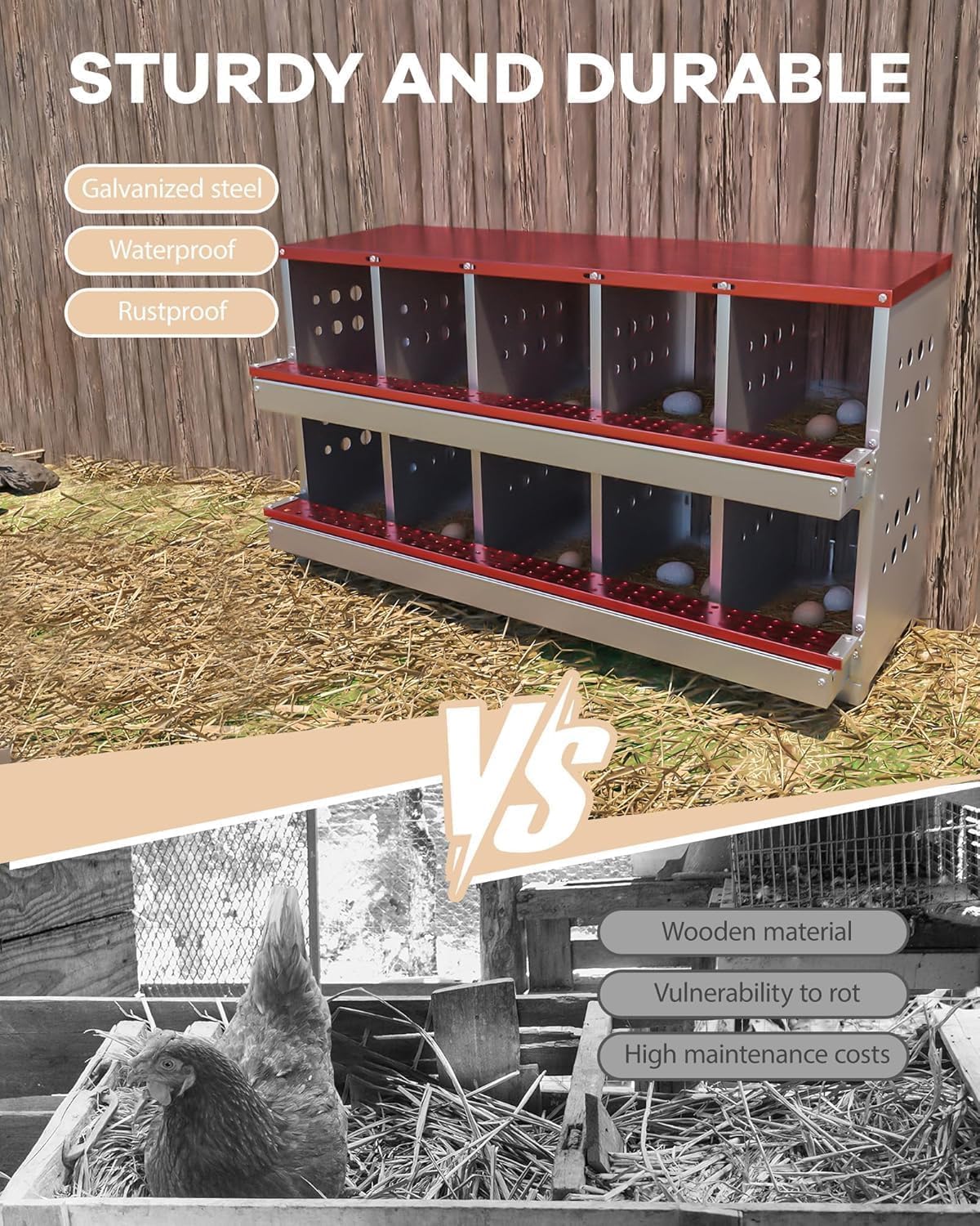 Nidi per polli in metallo Garvee, 10 fori, impermeabili, antiruggine, con ventilazione, trespolo per pollaio, durevoli