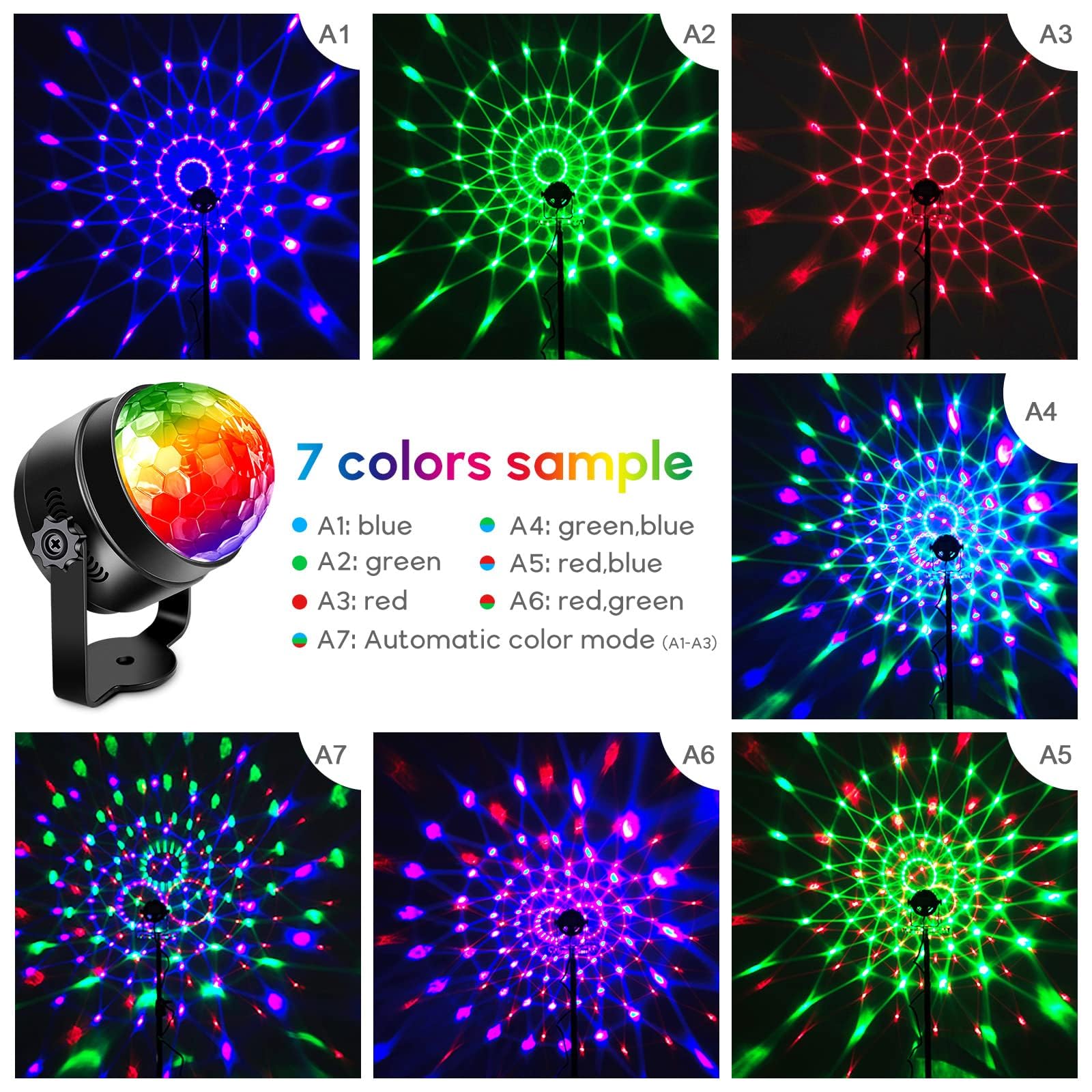 Sfera da discoteca LED RGB Garvee con 7 colori, attivata dal suono, rotazione di 360°, cavo USB da 4 m per feste, compleanni, bar, matrimoni, Natale