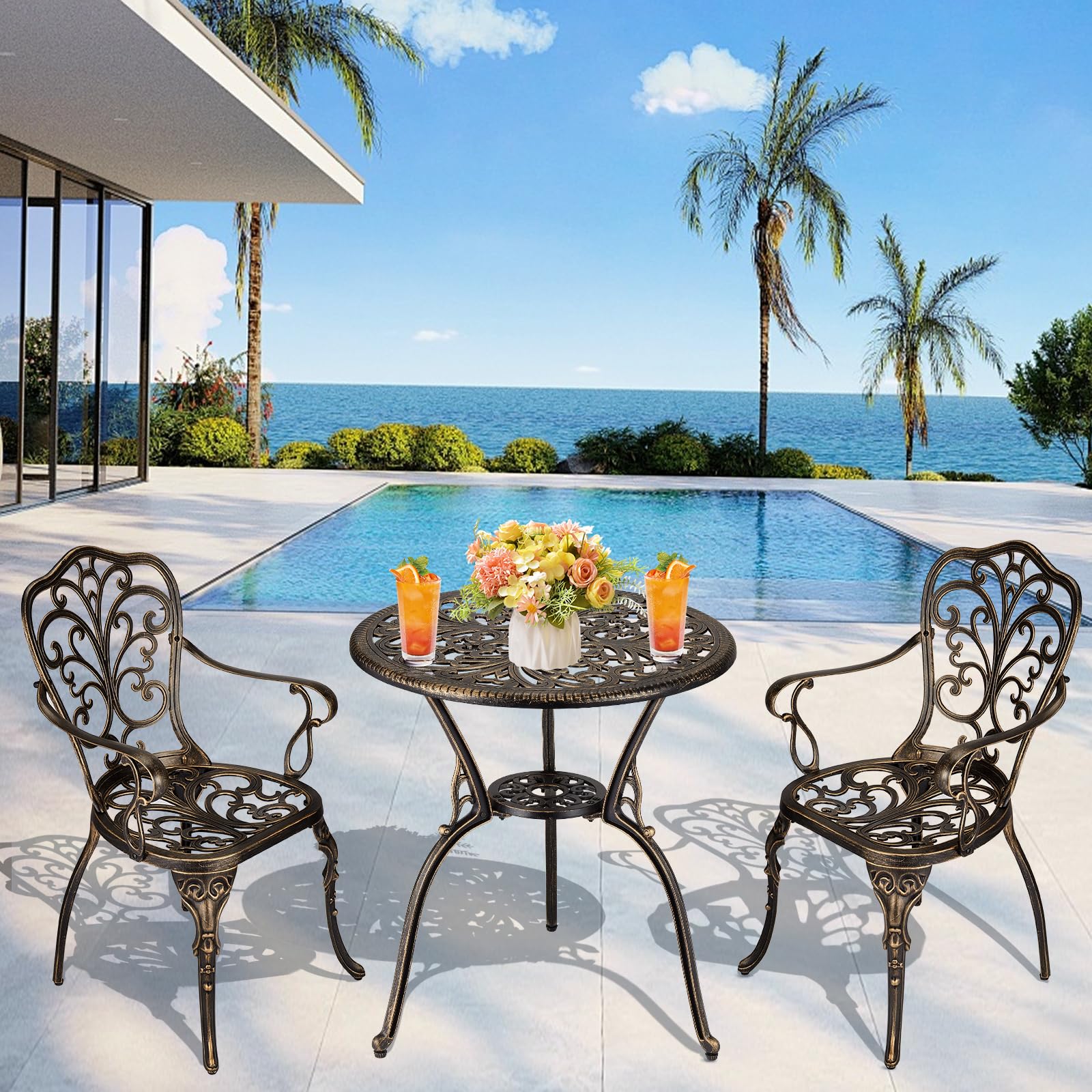 Set da esterno Garvee da 3 pezzi in alluminio pressofuso con foro per ombrellone per giardino, balcone, terrazza, finitura in ottone retrò, robusto ed elegante