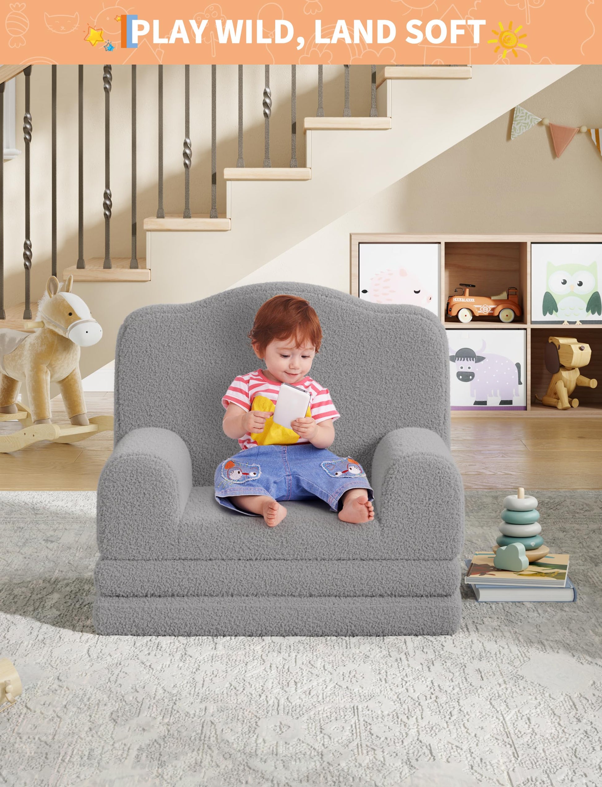 Divano per bambini Garvee 2 in 1 convertibile con elevato comfort, schiuma, morbido Sherpa, antiscivolo, grigio per sala giochi, leggero e sicuro