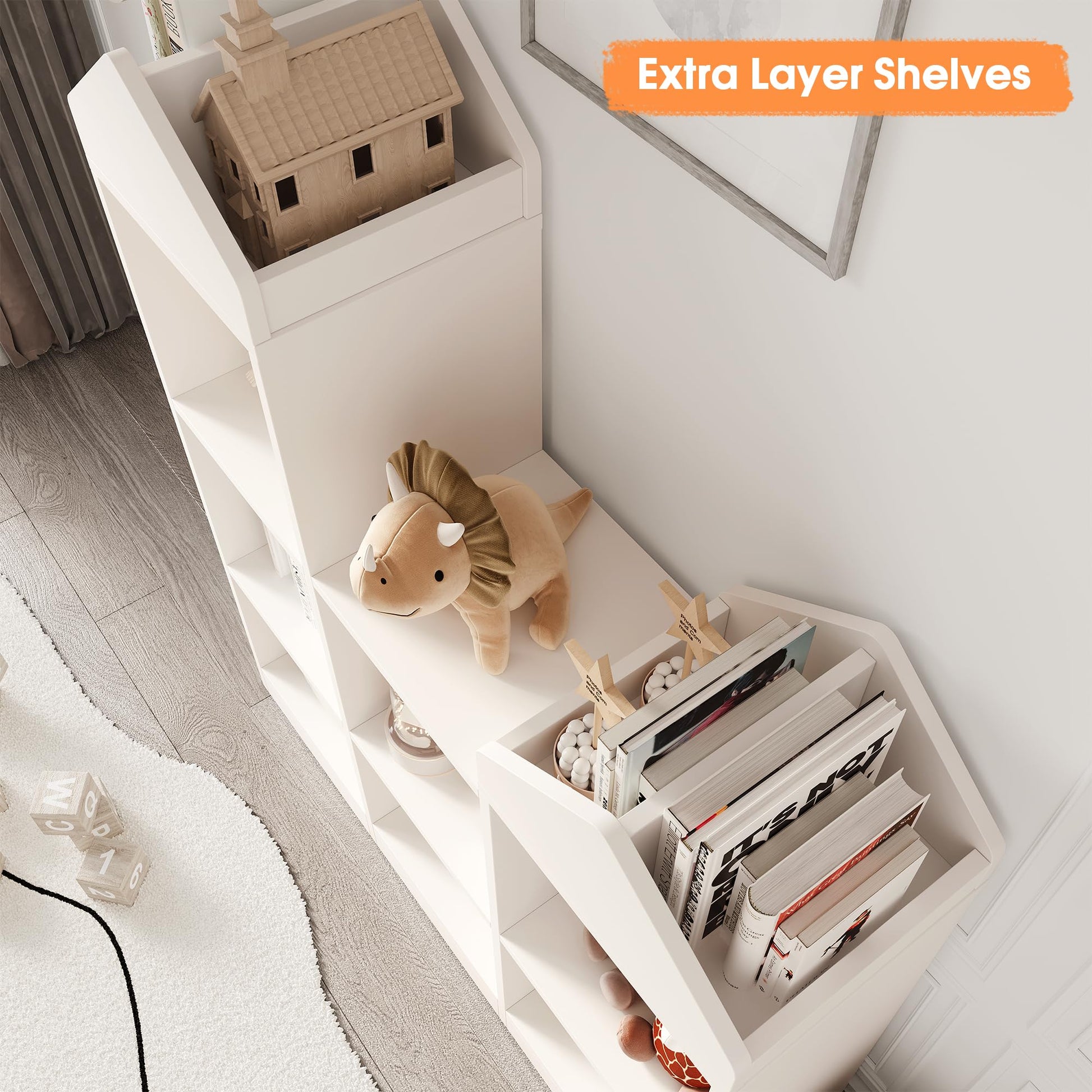 Scaffale portaoggetti Garvee, 7 scomparti, a forma di tetto, robusto, in legno, bianco, per sala giochi/cameretta dei bambini, 42x36x12 pollici