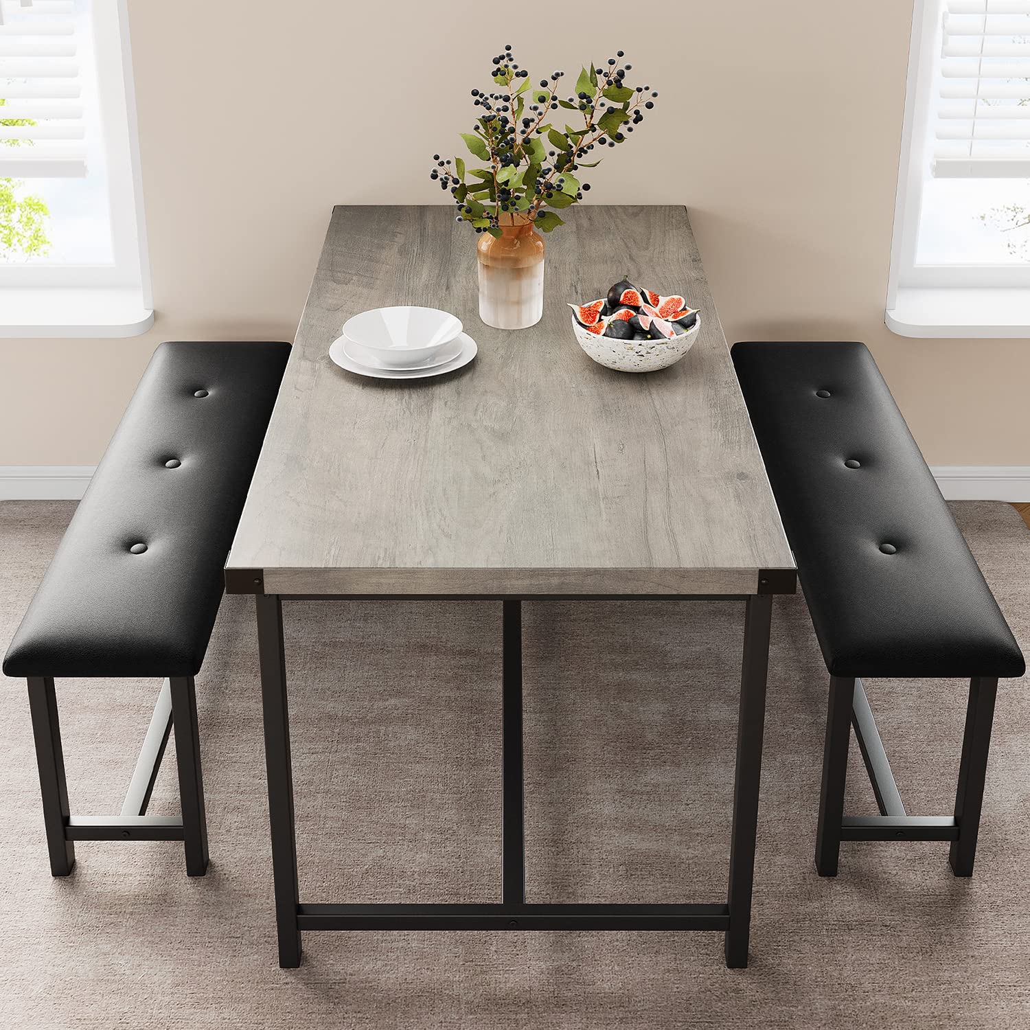Set da pranzo Garvee per 4 persone con 2 panche imbottite, tavolo da cucina rettangolare, robusto MDF e acciaio, salvaspazio, impermeabile, grigio retrò, piccoli spazi