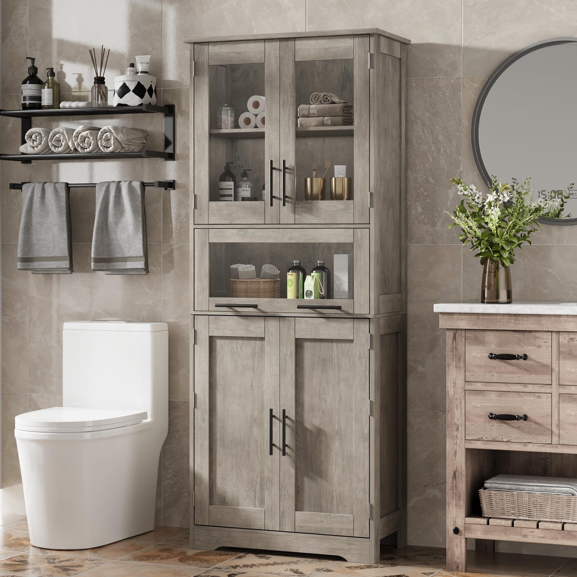 Mobiletto da bagno Garvee, alto e stretto, 170 cm, con 2 ante e 1 cassetto, grigio, ripiani regolabili, salvaspazio per bagno, corridoio e soggiorno