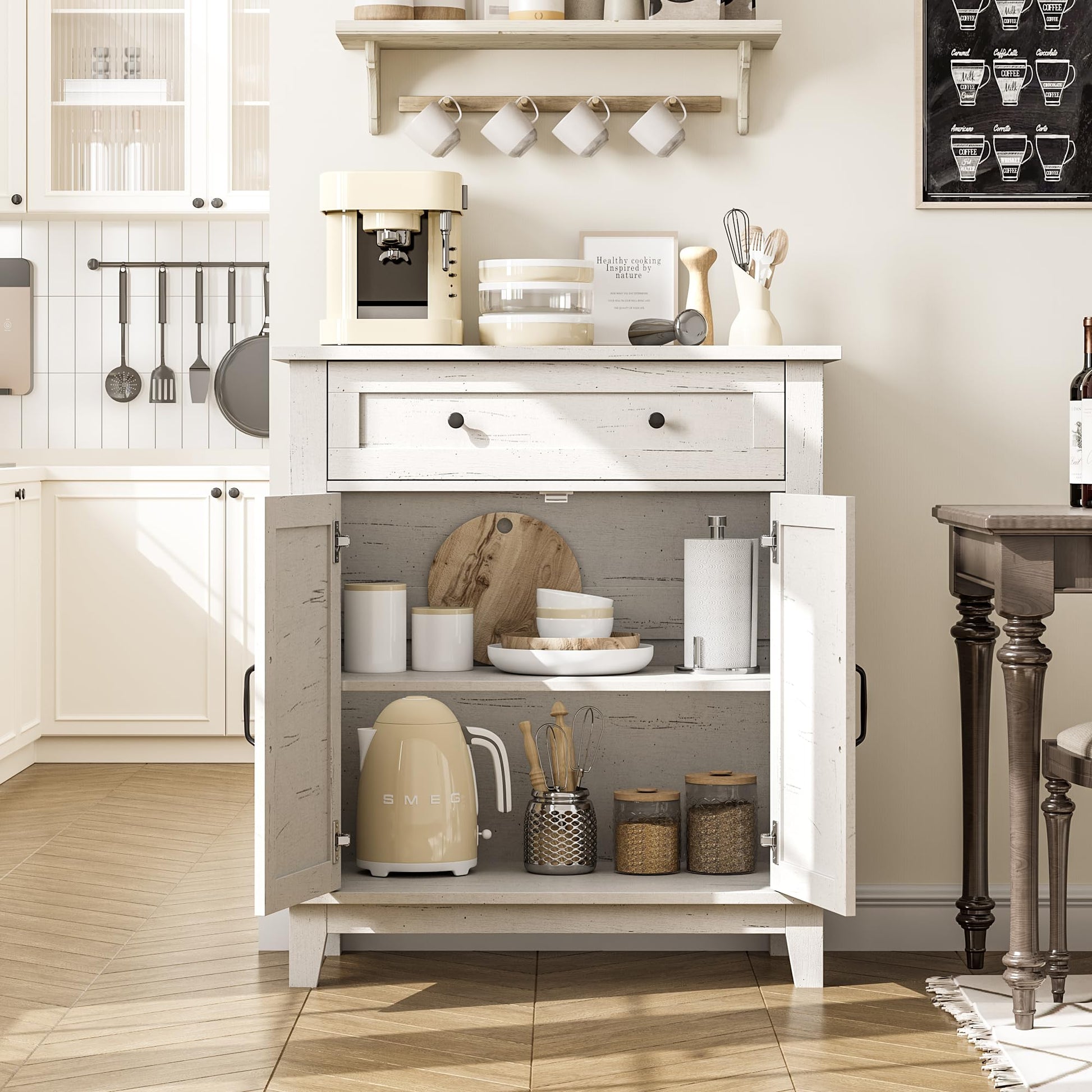 Mobiletto portaoggetti Garvee Farmhouse, ripiano regolabile a 3 livelli, 7 marce, bianco, per cucina e corridoio, 15,7x31,5x36 pollici, rustico