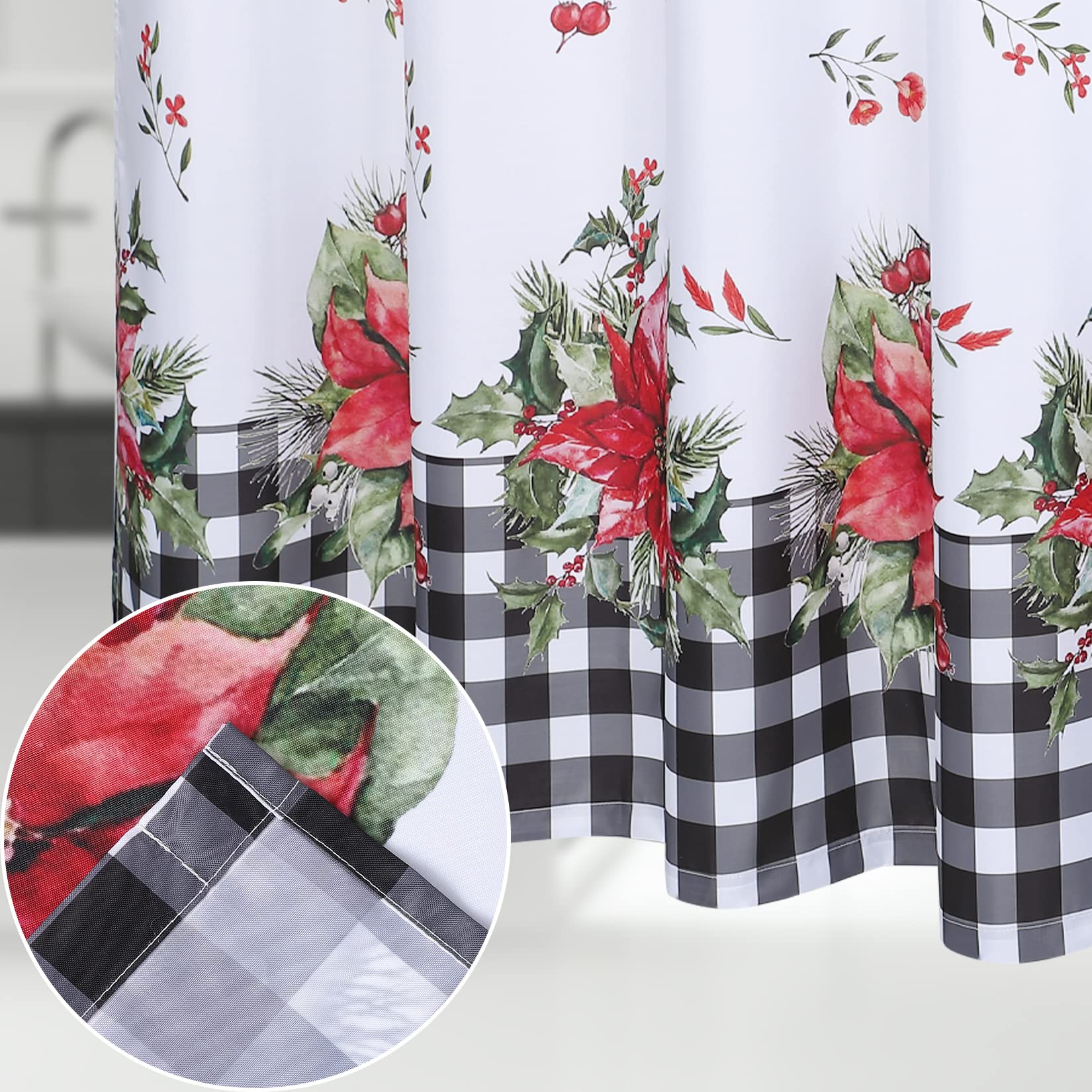 GARVEE Tenda da doccia natalizia in stile retrò con motivo floreale a quadri, lavabile, 89x183 cm, nero e bianco