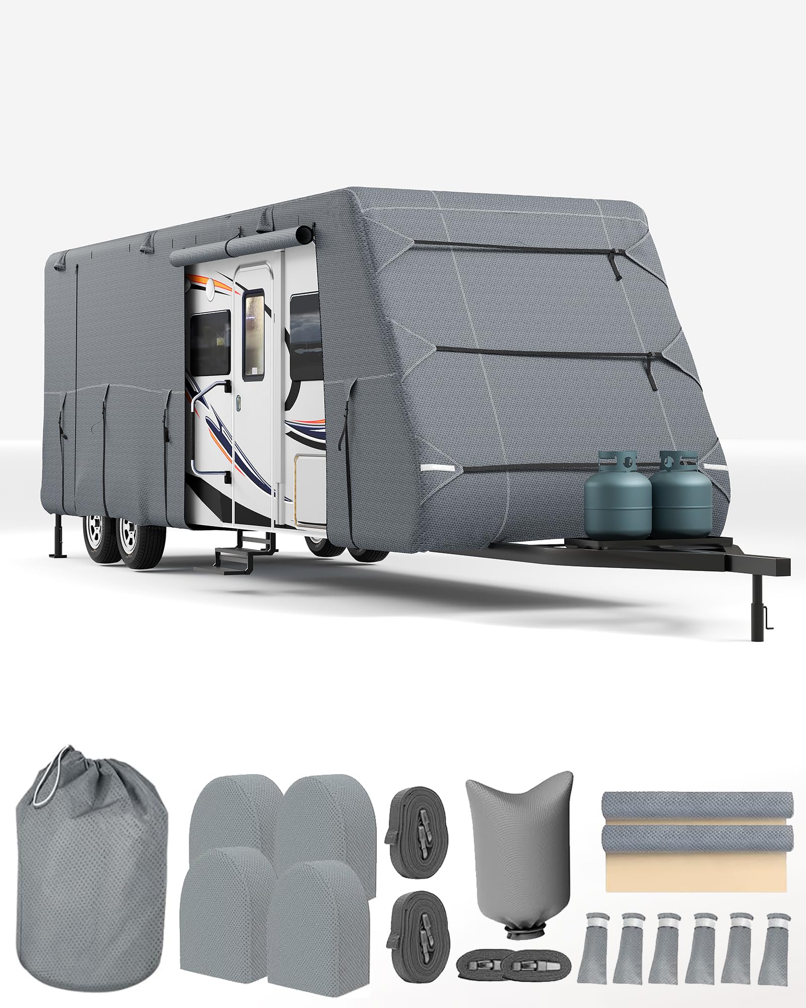 Telo copri roulotte Garvee Travel RV 24-27' - Protezione UV a 7 strati, antivento, impermeabile - Materiale antistrappo, strisce riflettenti, campeggio e viaggi, grigio