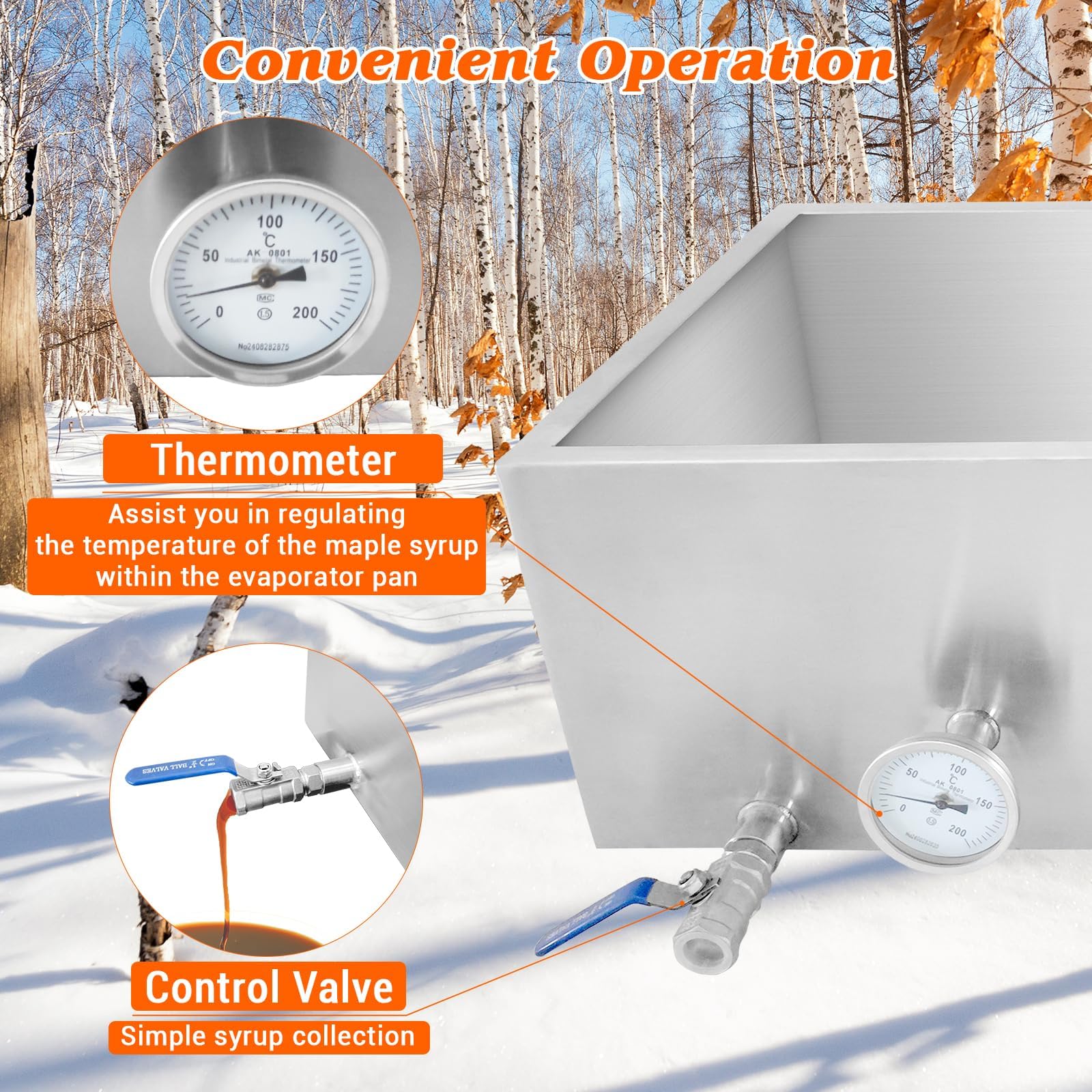 Evaporatore per sciroppo d'acero Garvee, 30x16x19 pollici, acciaio inossidabile 304, 21 galloni, 2 valvole, termometro per casa e esterni