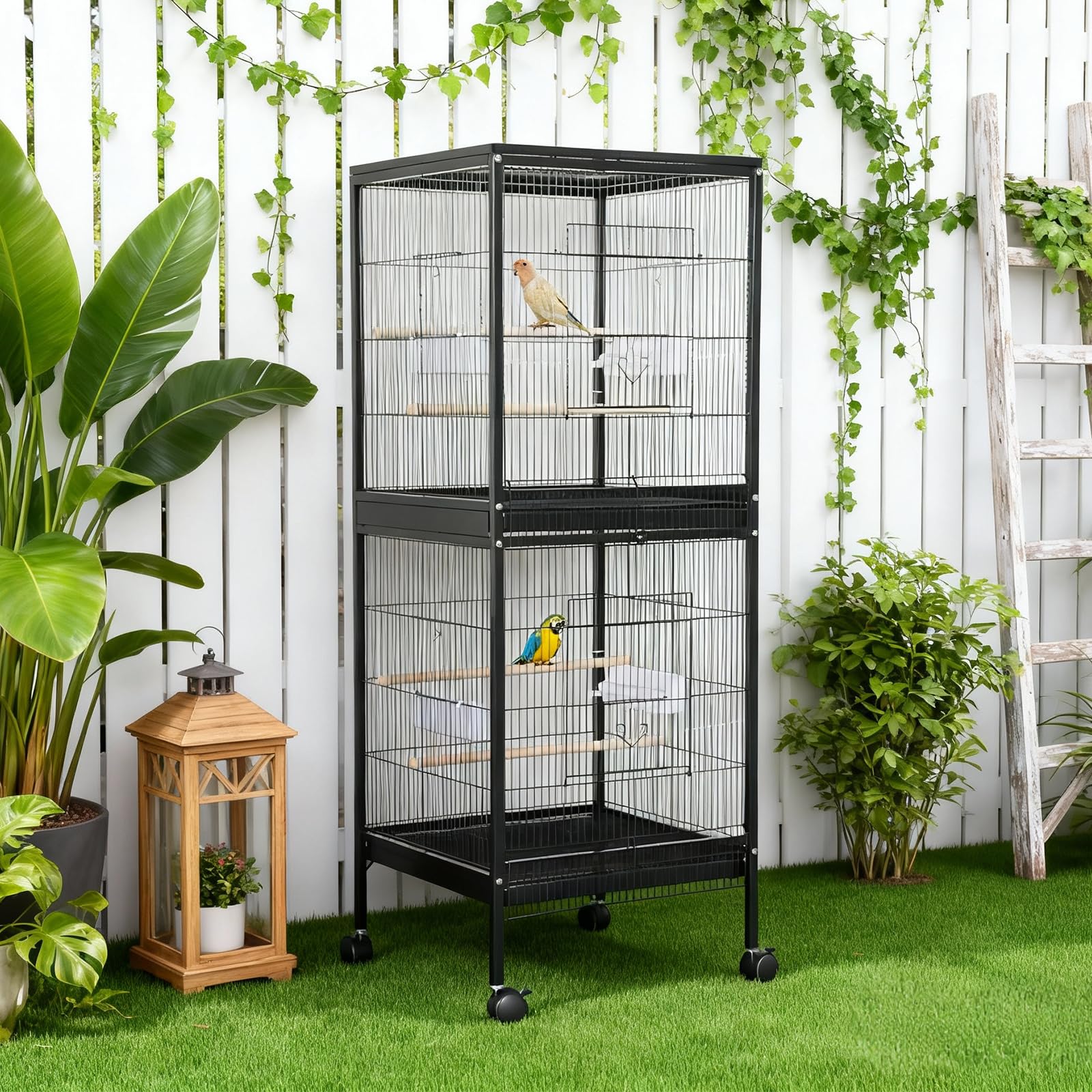 Gabbia per uccelli Garvee da 55" con trespoli in legno, metallo, 4 porte, ruote per uccelli di piccole e medie dimensioni, casa e veterinario, grande, nero