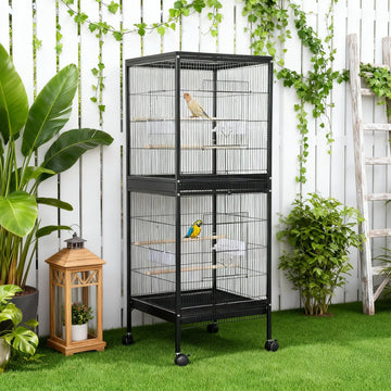 Gabbia per uccelli Garvee da 55" con trespoli in legno, metallo, 4 porte, ruote per uccelli di piccole e medie dimensioni, casa e veterinario, grande, nero