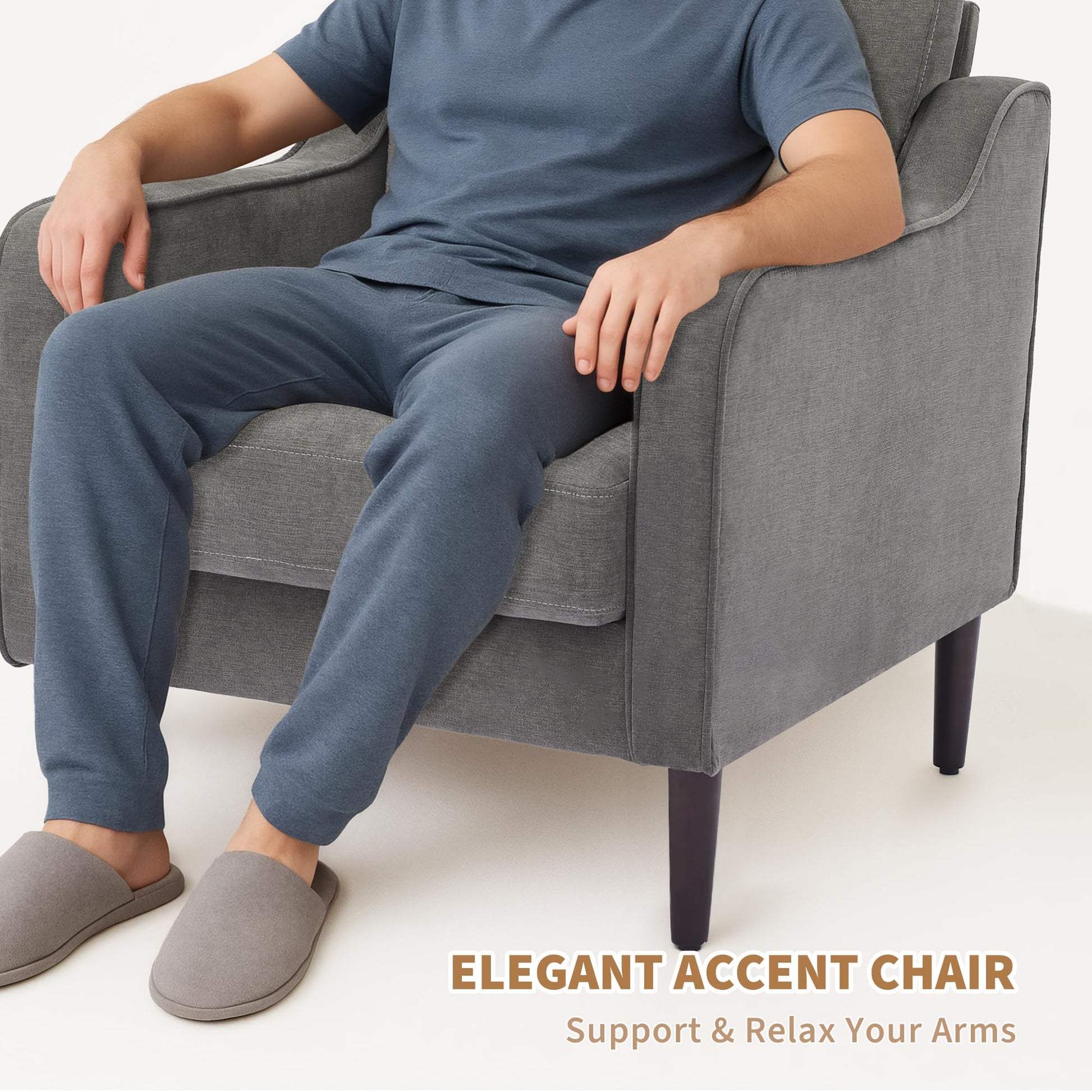 Poltrona Garvee Mid-Century con tessuto di lino e gambe in legno per soggiorno e ufficio, 30"L x 32"A, beige