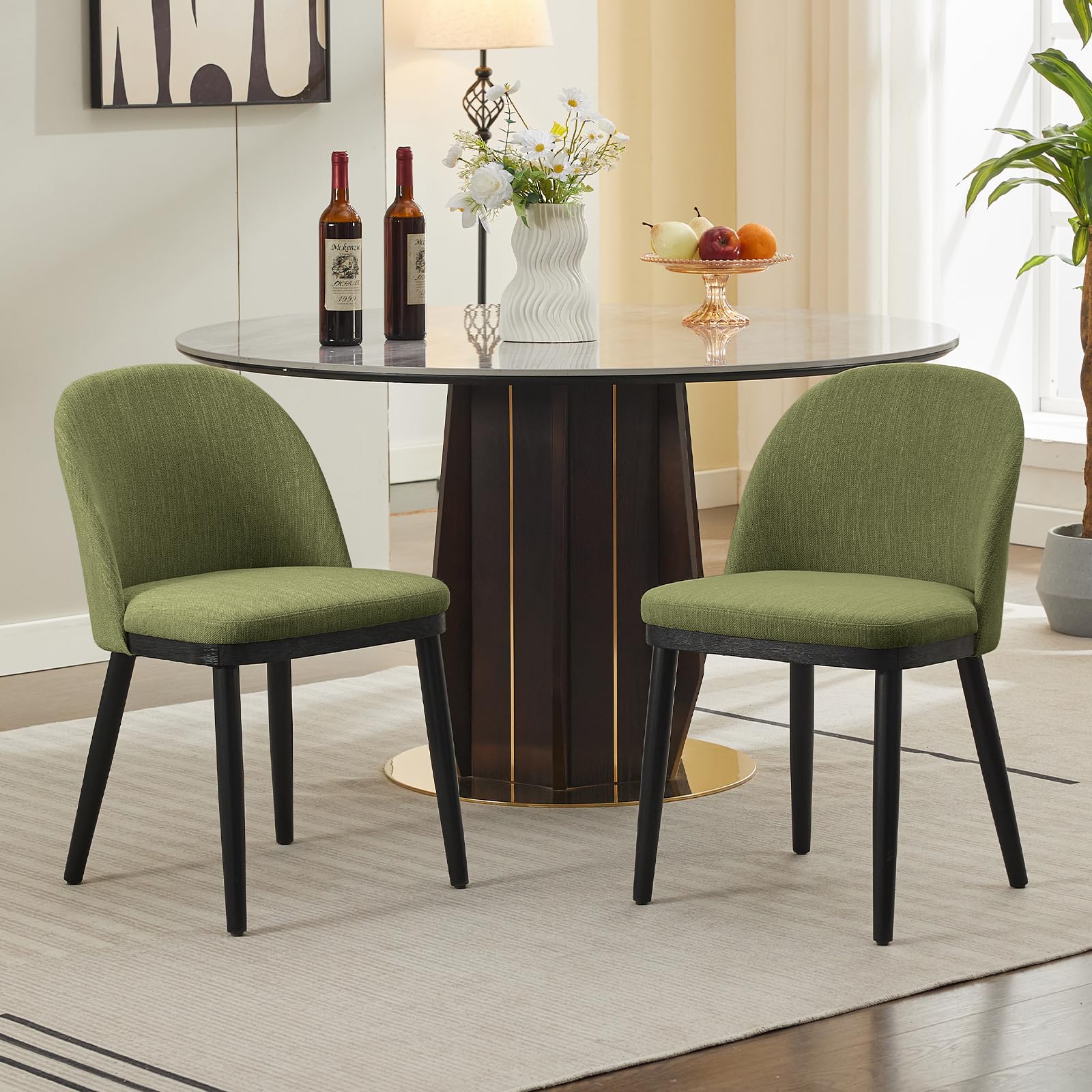 Garvee Modern Dining Chair Set di 2 sedie da pranzo moderne con seduta imbottita in lino, schienale semi-schienale, struttura in legno, piedini regolabili, sala da pranzo verde