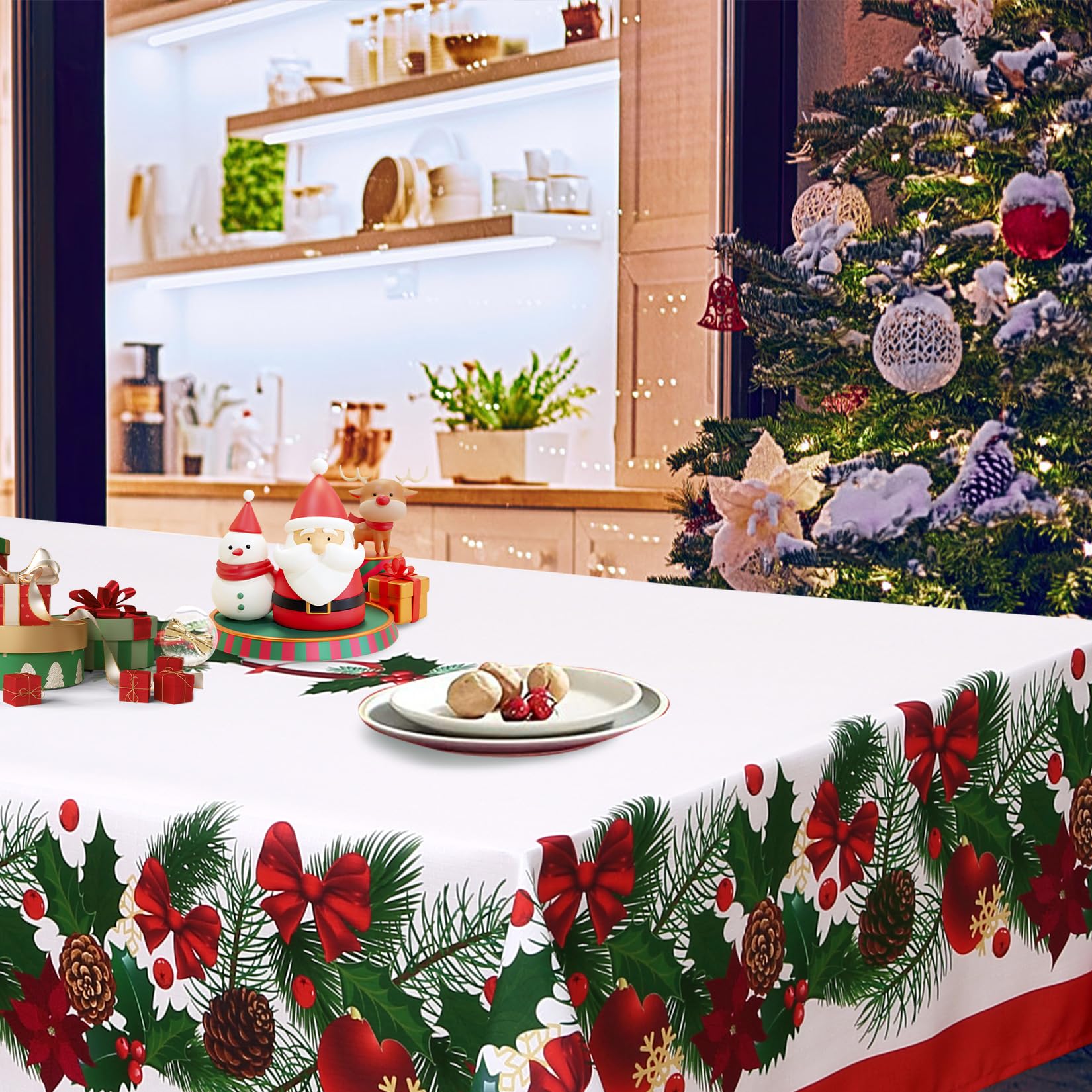 Tovaglia natalizia Garvee Nappe De Noël, rettangolare, 137x200 cm, bianca, festosa con fiocchi, per decorazioni natalizie