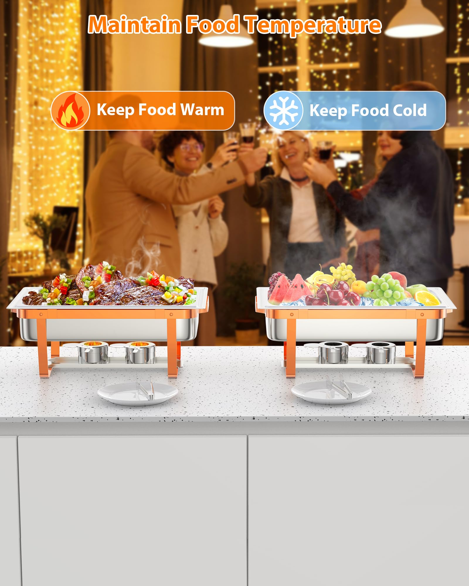 Vassoi riscaldanti per buffet Garvee da 2 pezzi, 8 litri, in acciaio inox, per alimenti caldi, con supporto per coperchio, accessori per feste e banchetti, oro rosa