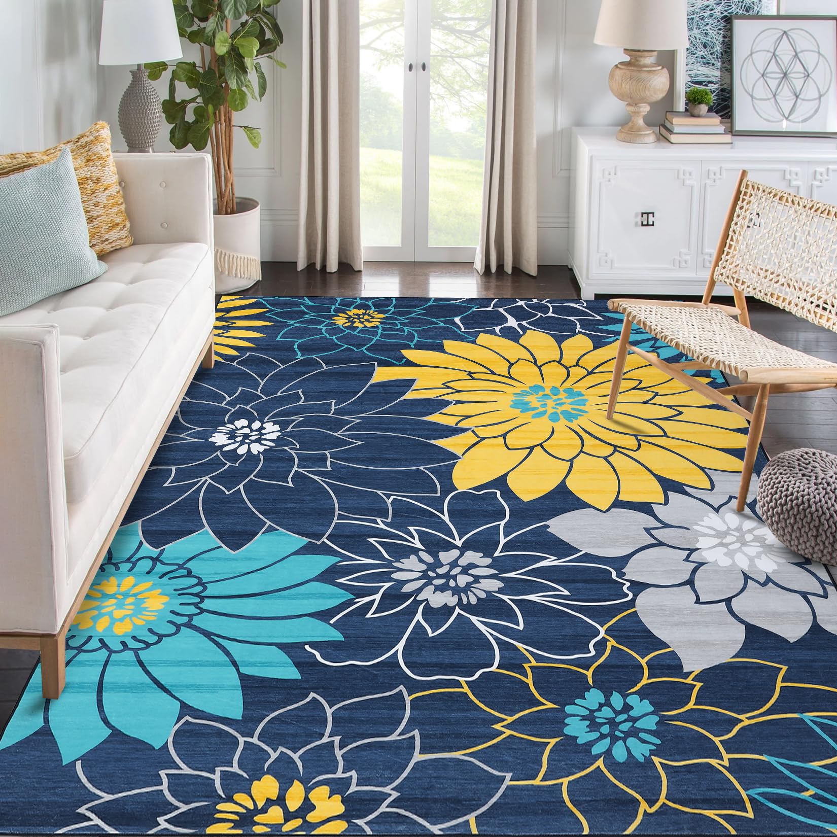 Tappeto Garvee lavabile in lavatrice con motivo floreale per soggiorno, tappeto antiscivolo per camera da letto, cucina, cameretta dei bambini, blu, 160x230 cm