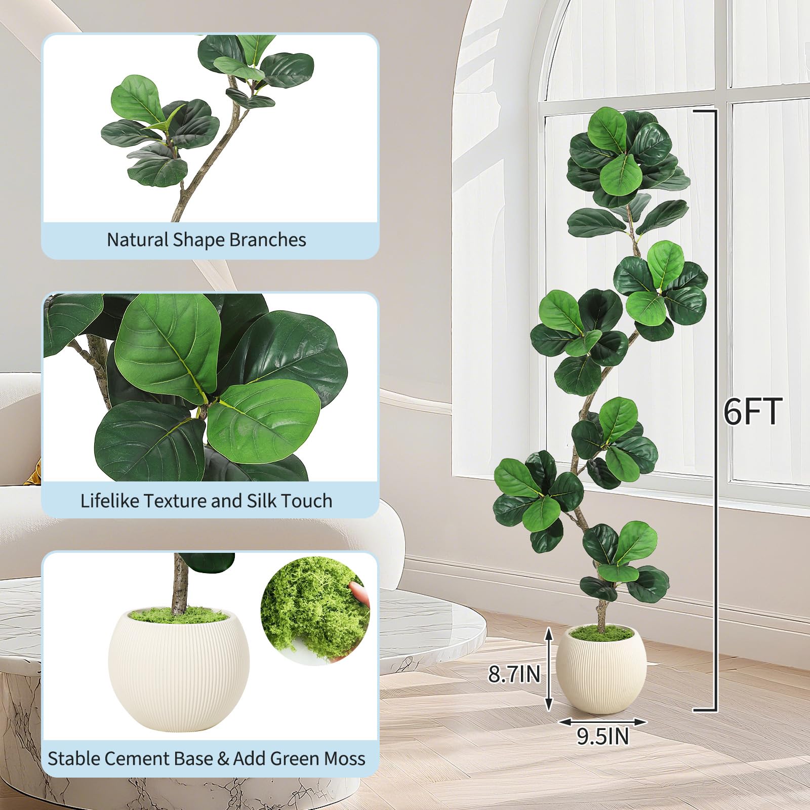 Albero di fico artificiale Garvee da 6 piedi con vaso bianco per soggiorno e ufficio, rami regolabili, resistente alle intemperie, foglie realistiche, decorazione in muschio