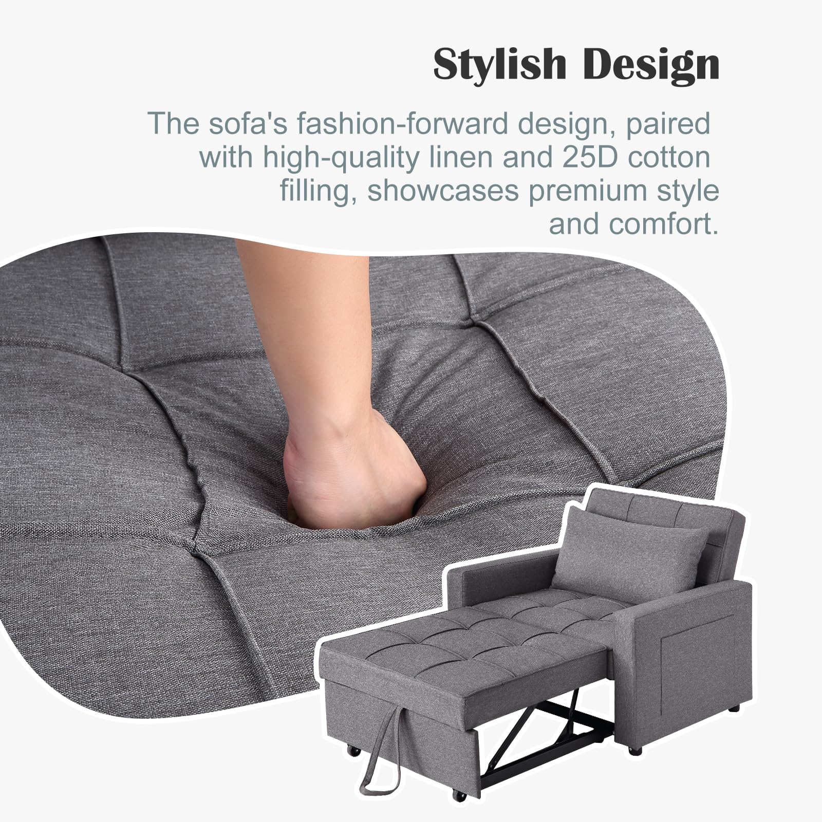 Divano letto/poltrona letto 3 in 1 Garvee con funzione letto, tessuto di lino, salvaspazio, 192 x 96 x 59 cm, grigio