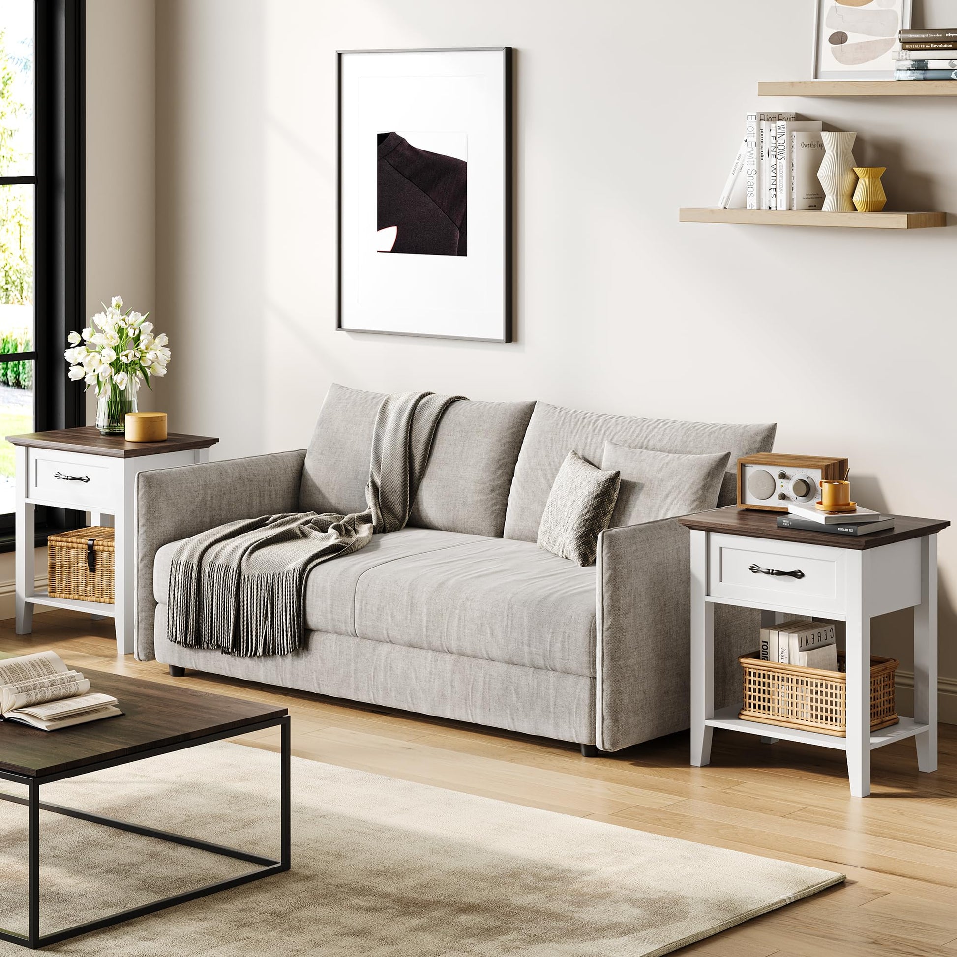 Comodino Garvee con cassetto, 2 livelli di contenimento, legno, bianco, per camera da letto e soggiorno, robusto e versatile