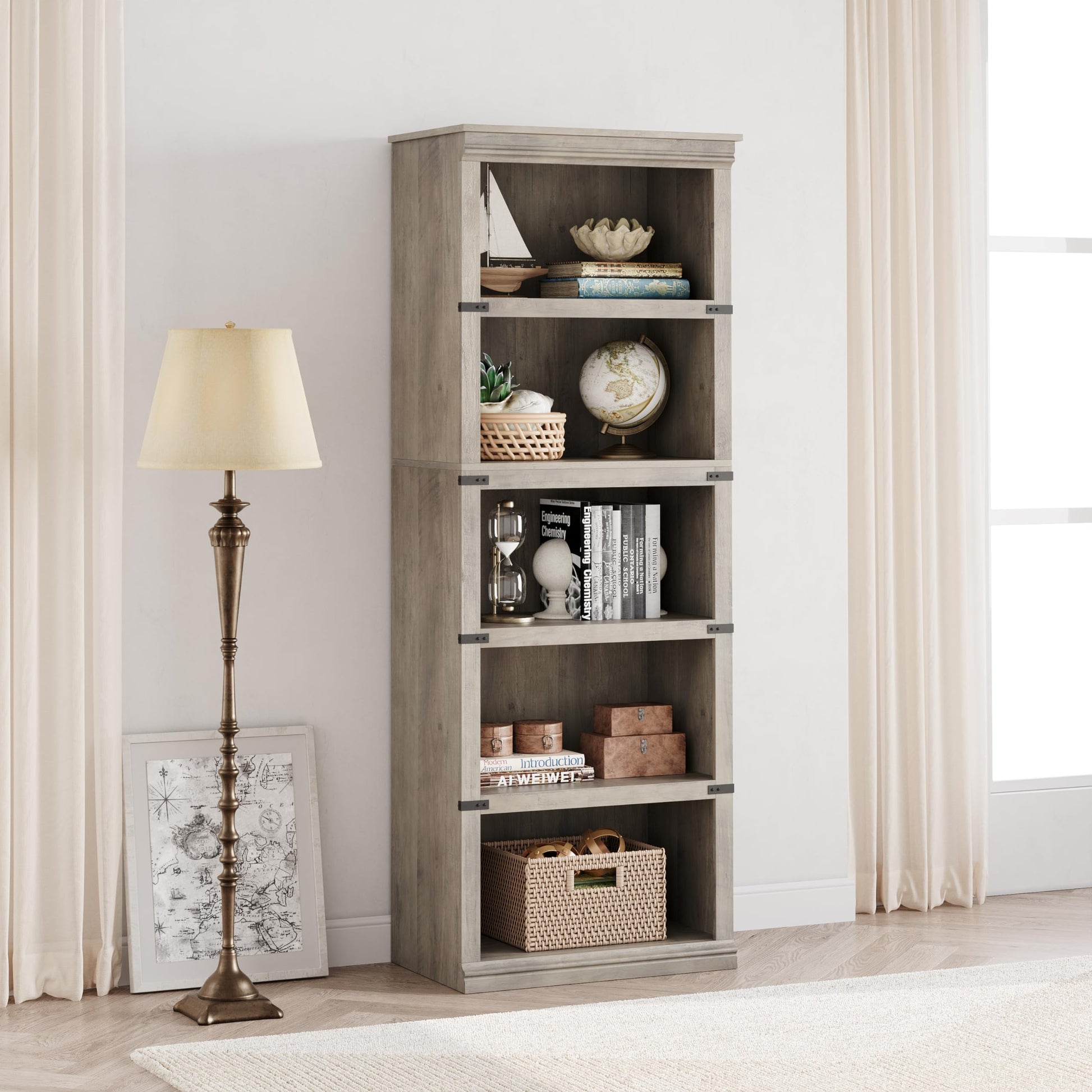 Libreria in legno Garvee a 5 ripiani con spazio per il soggiorno, 170 cm di altezza x 62 cm di larghezza x 32 cm di profondità, grigio, robusta, stile coloniale, MDF