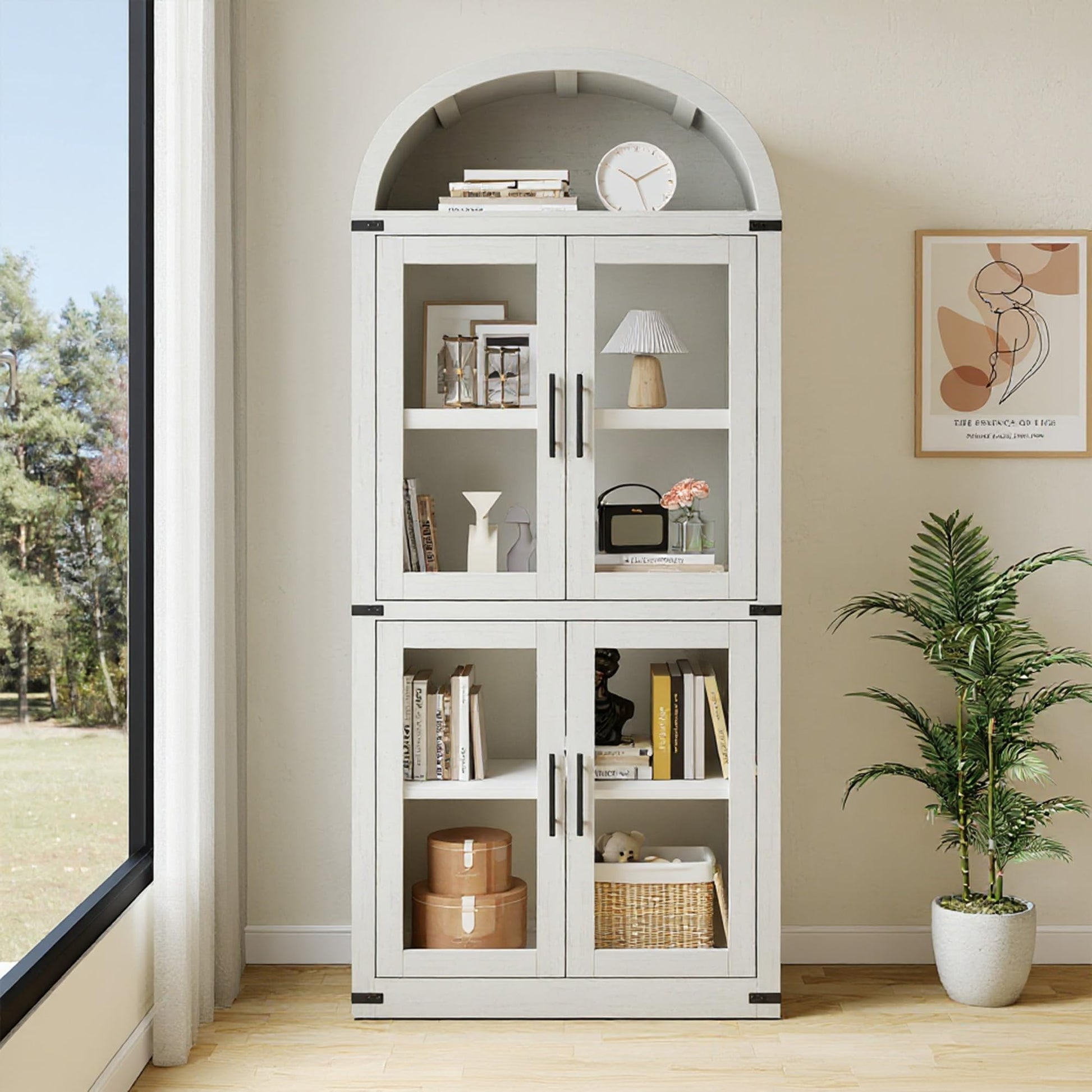 Libreria ad arco Garvee in stile rustico con ante per soggiorno e ufficio, 180 cm in legno, angoli in metallo, profondità 40 cm, robusta, eleganza moderna