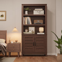 Libreria Garvee Farmhouse da 71" con ante, 5 ripiani, robusto legno MDF, venature del legno retrò, libreria per soggiorno e ufficio