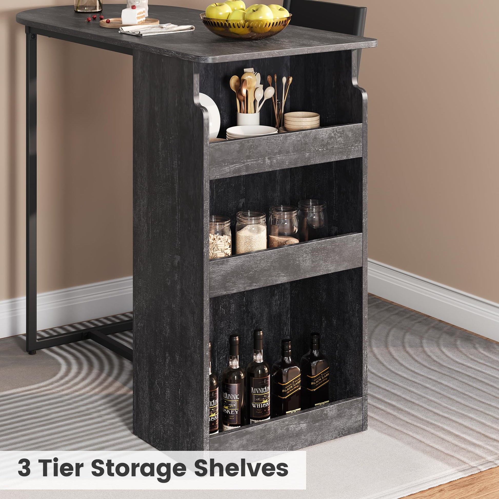 Set tavolo e sedie da bar Garvee con piano semicircolare in stile retrò, 3 ripiani, sgabelli rivestiti in pelle per cucina e ufficio, moderno, salvaspazio