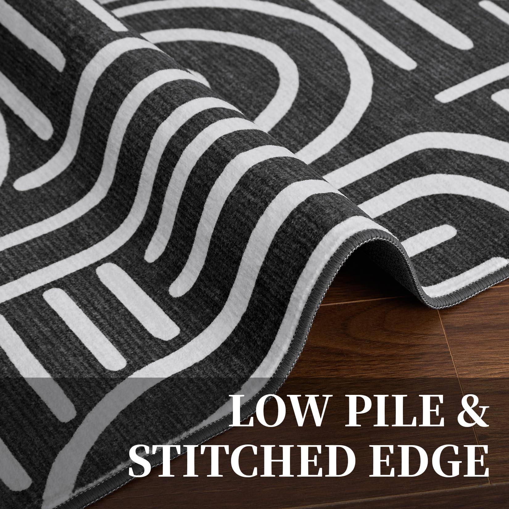 Tappeto per soggiorno Garvee 200x290, lavabile, antiscivolo, a pelo corto, per soggiorno, camera da letto, nero