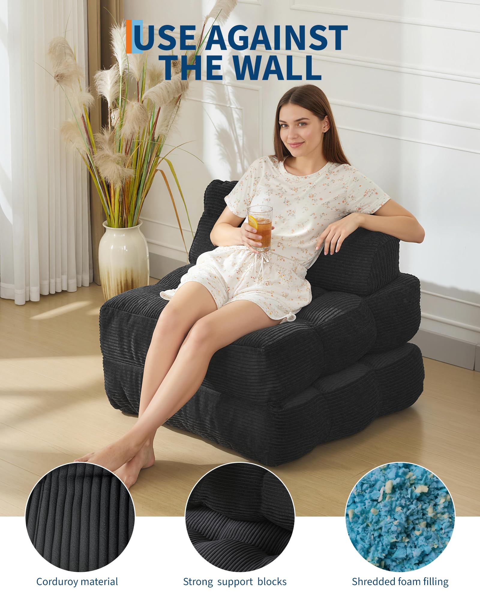 Divano letto pieghevole 3 in 1 Garvee con cuscini, comoda schiuma, tessuto in velluto a coste, nero per soggiorno e camera da letto, salvaspazio