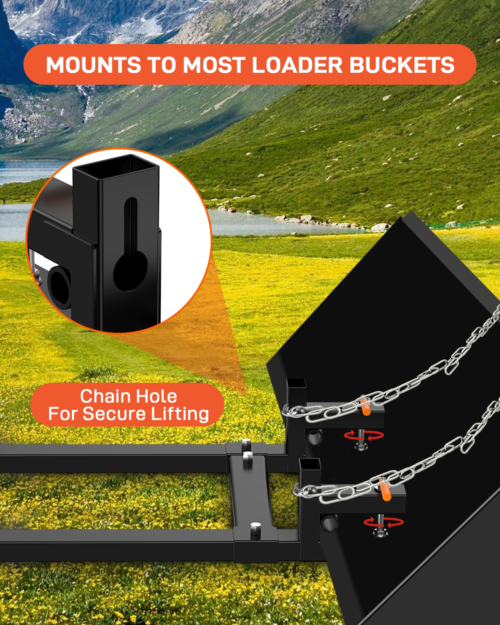 Forche per pallet Garvee da 43" per trattori e minipale, capacità 2000 libbre, sistema di sgancio rapido, barra stabilizzatrice regolabile, acciaio, per impieghi gravosi, agricoltura e edilizia