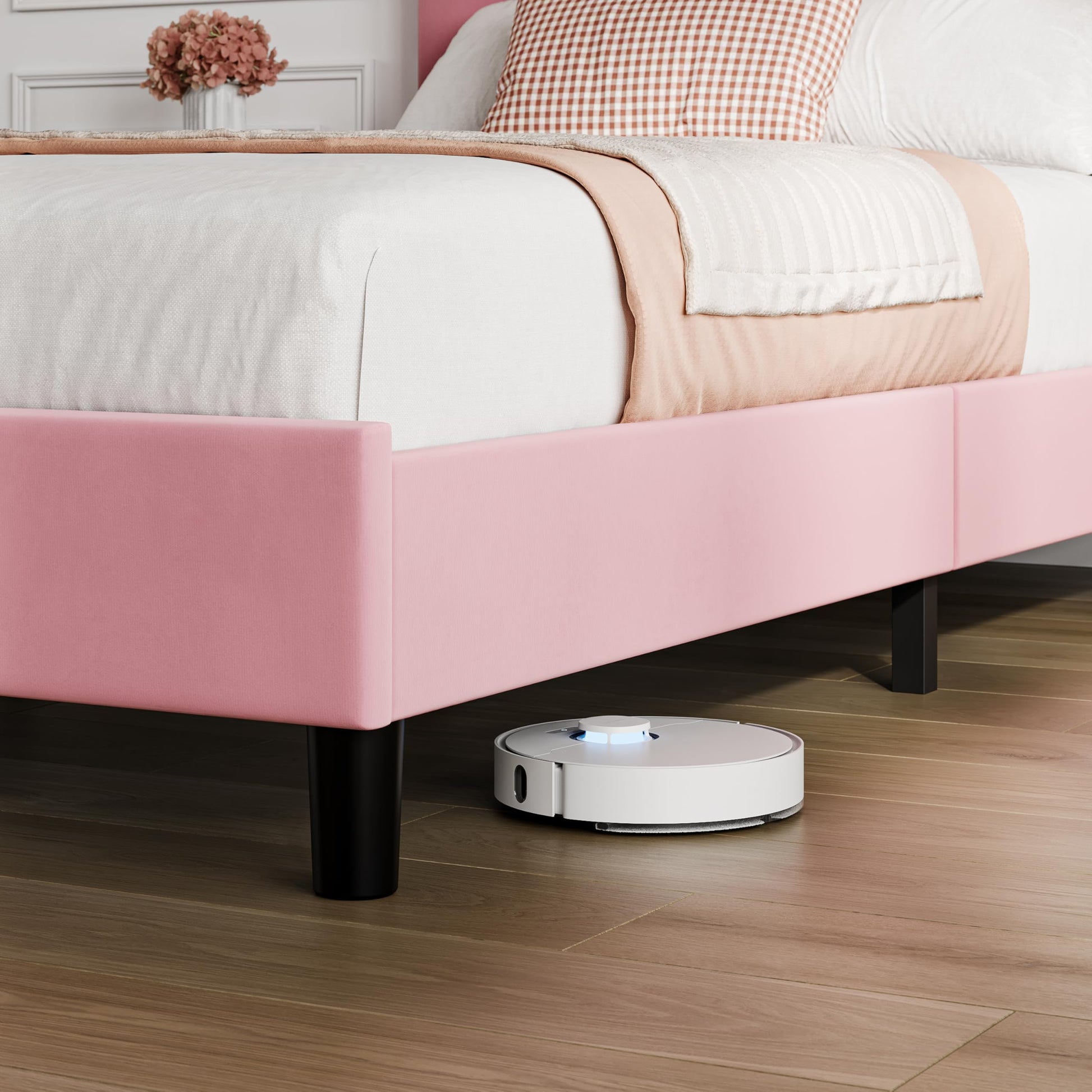 Struttura letto regolabile in velluto Garvee con testiera imbottita, robusta struttura in acciaio e legno, lino rosa, singolo, comfort per la camera da letto