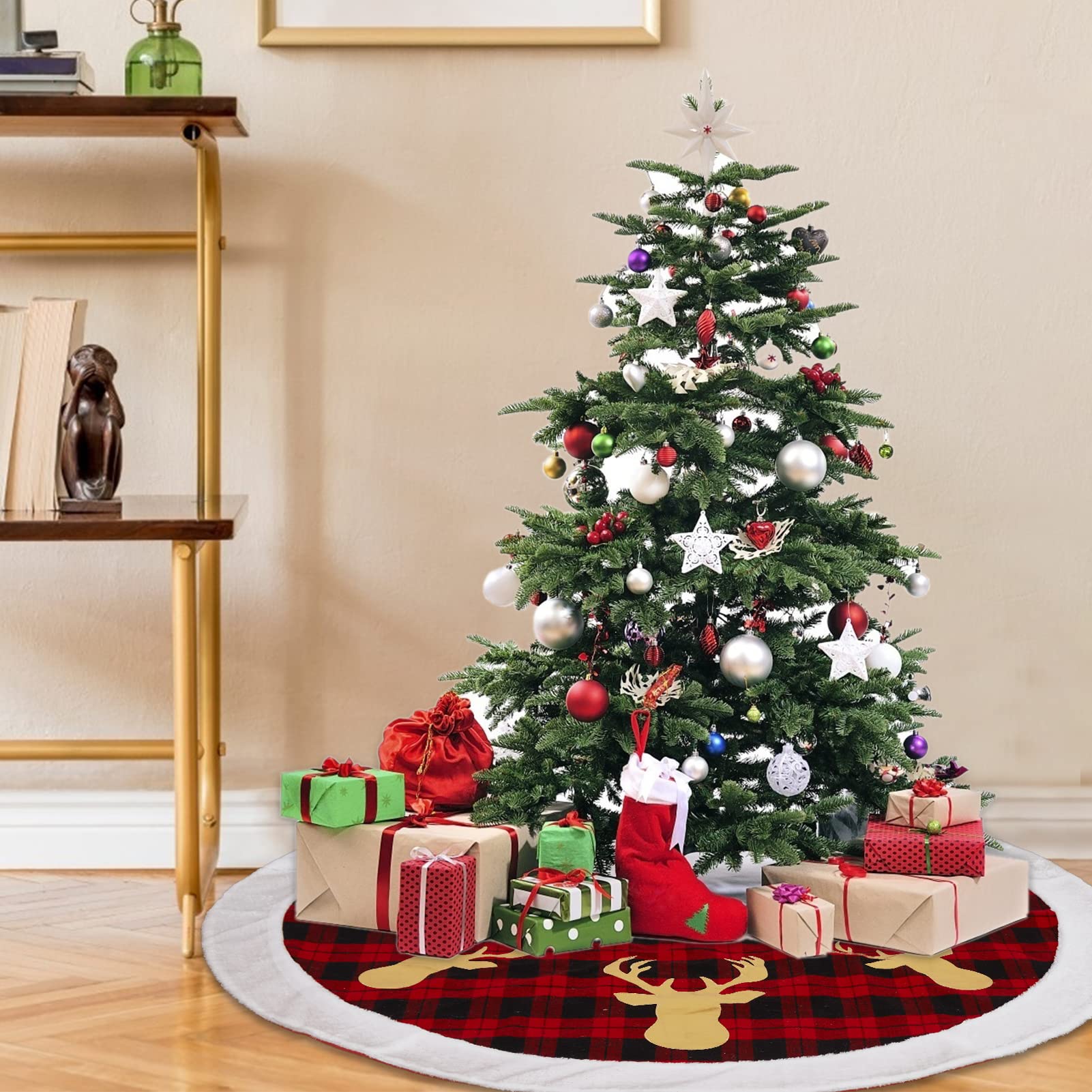 Gonna per albero di Natale Garvee da 48 pollici, motivo a quadri rossi e neri con motivo a cervo, pelliccia sintetica, per casa e feste