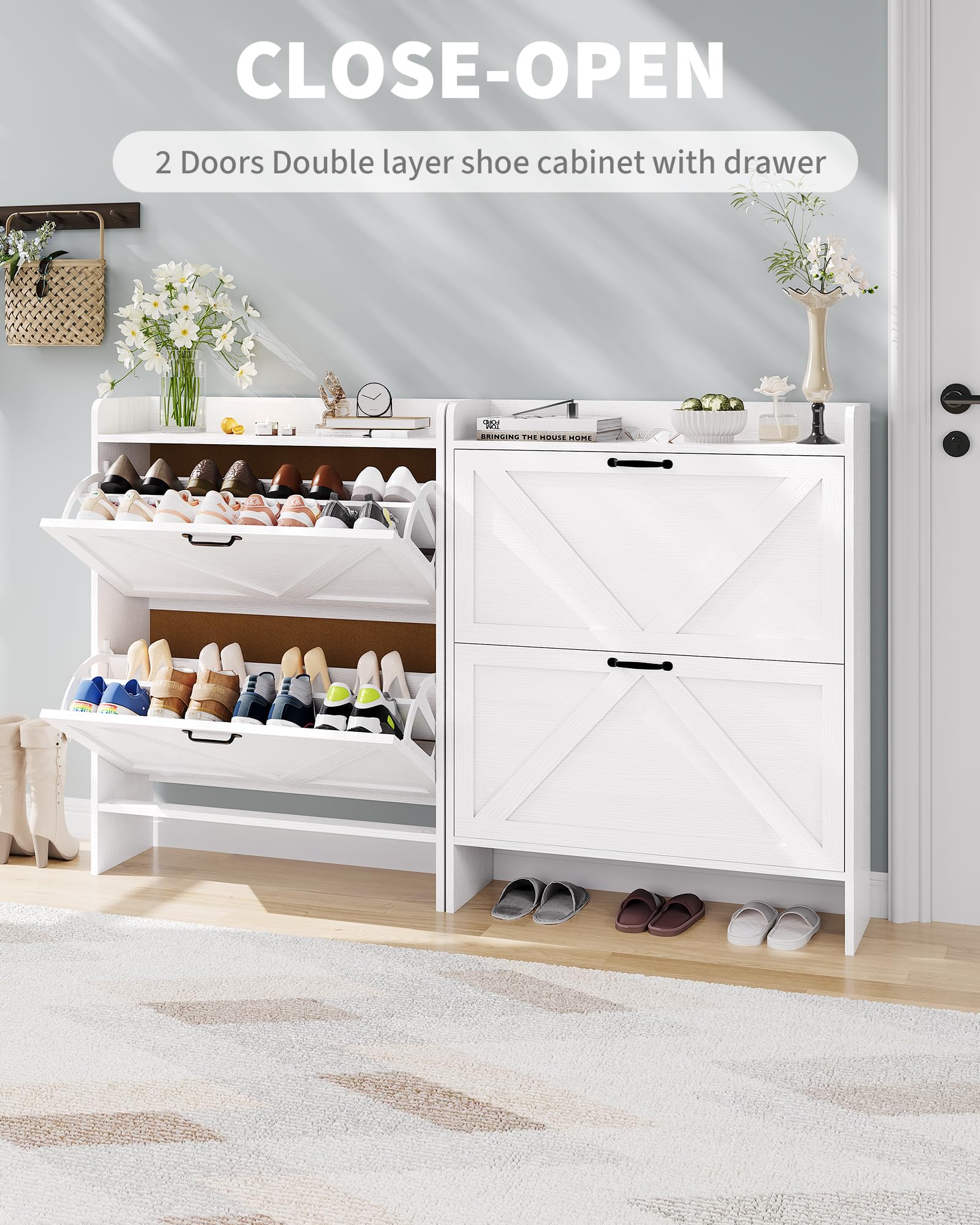 Garvee Scarpiera con 2 cassetti pieghevoli, scarpiera rustica per corridoio e ingresso, bianca, salvaspazio