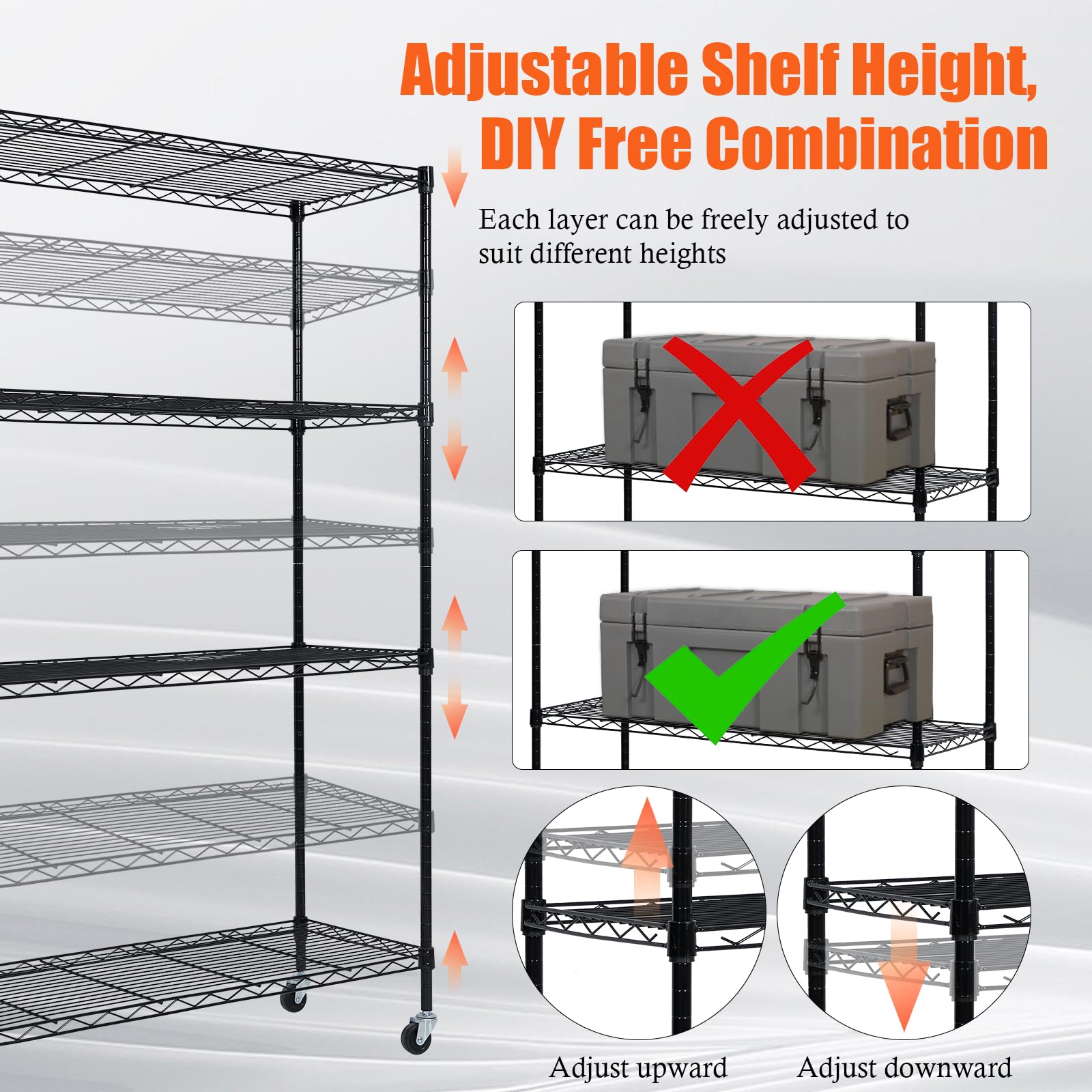 Scaffalatura Garvee a 4 ripiani per carichi pesanti con ruote, ripiani regolabili per cucina e garage, 60x18x72 pollici, acciaio SPCC verniciato a polvere