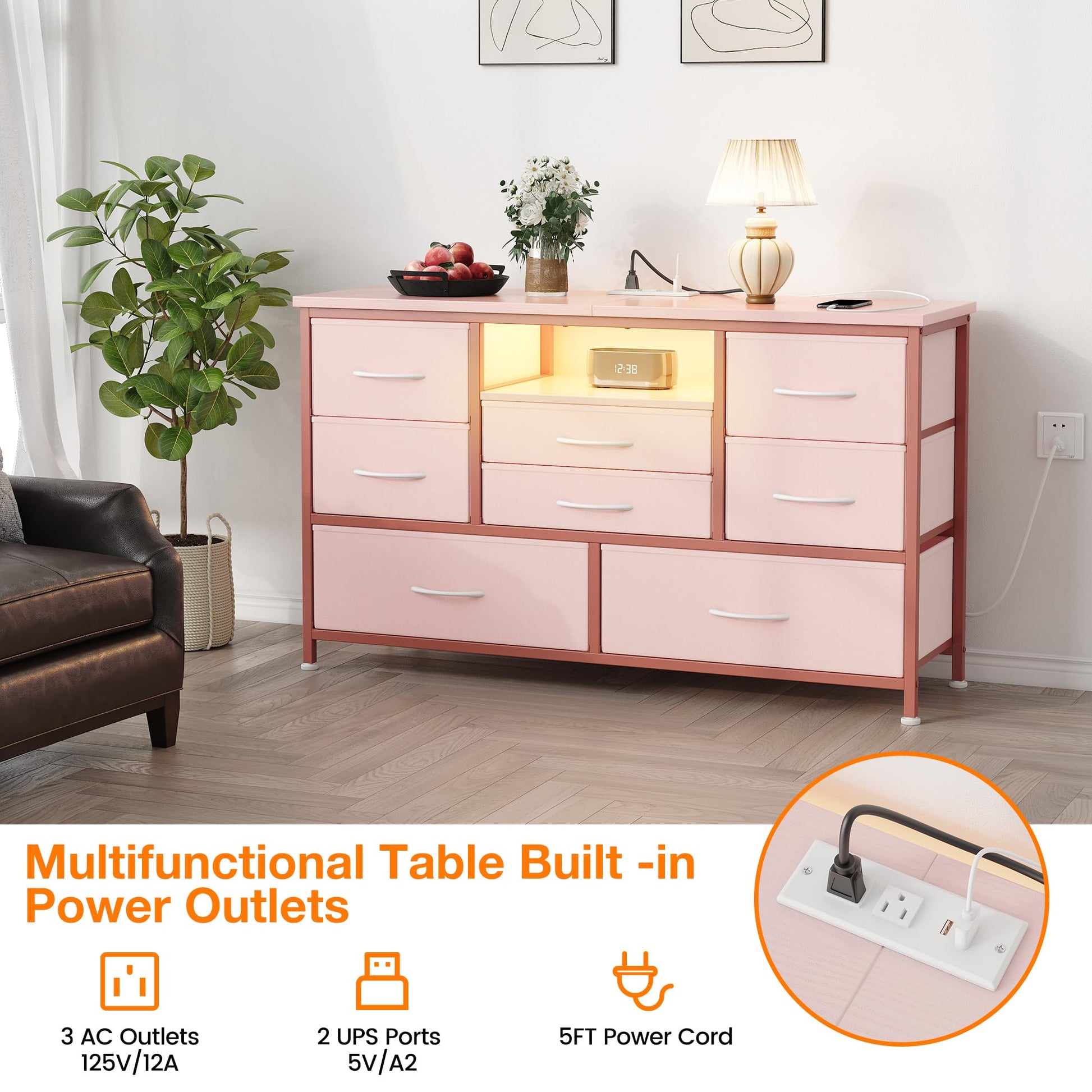 Mobile TV Garvee a 8 cassetti con illuminazione a LED e presa di corrente per soggiorno e camera da letto, legno MDF, luce RGB, ampio spazio di archiviazione, bianco
