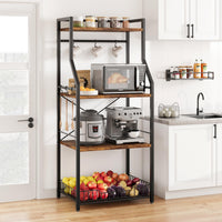 Garvee Kitchen Baker's Rack con supporto per microonde, grande cestello in filo metallico, 4 ripiani, robusto MDF e acciaio, 8 ganci, marrone rustico, per cucina e bar