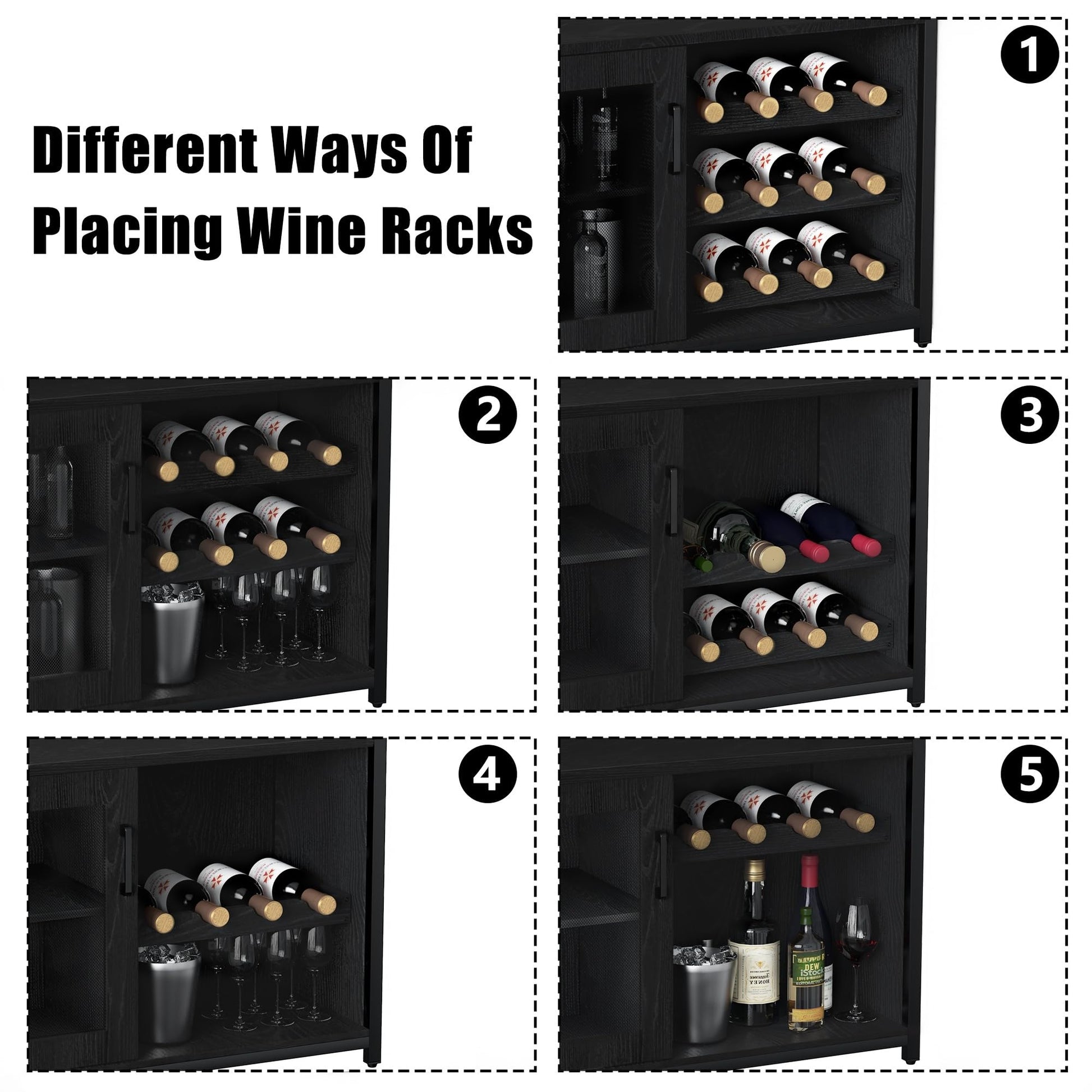 Mobile bar per vino Garvee con luce LED, ripiani regolabili, porta a rete, MDF e metallo, 36 pollici, cucina e sala da pranzo, base stabile, nero