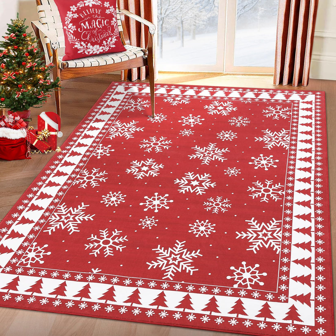 Tappeto natalizio moderno Garvee con motivo a fiocchi di neve per soggiorno, camera da letto, sala da pranzo, 140x200 cm, multicolore