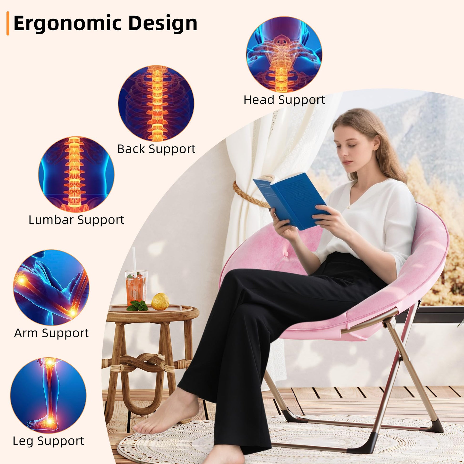 Sedia a sdraio Garvee Saucer Chair in pelliccia sintetica con struttura pieghevole in metallo per camera da letto e soggiorno, seduta floreale in peluche oversize, robusta, leggera, comoda