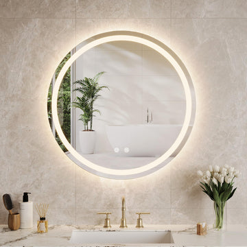 Specchio per il trucco illuminato Garvee, specchio da bagno rotondo da 60 cm con luce, specchio a LED con interruttore touch e vetro antideflagrante, specchio da bagno dimmerabile e antiappannamento con illuminazione
