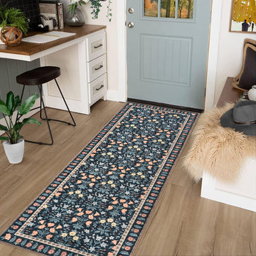 Tappeto decorativo Garvee per interni Boho, tappeto antiscivolo per soggiorno con motivo floreale nero, 80x150 cm, tappeto a trama piatta