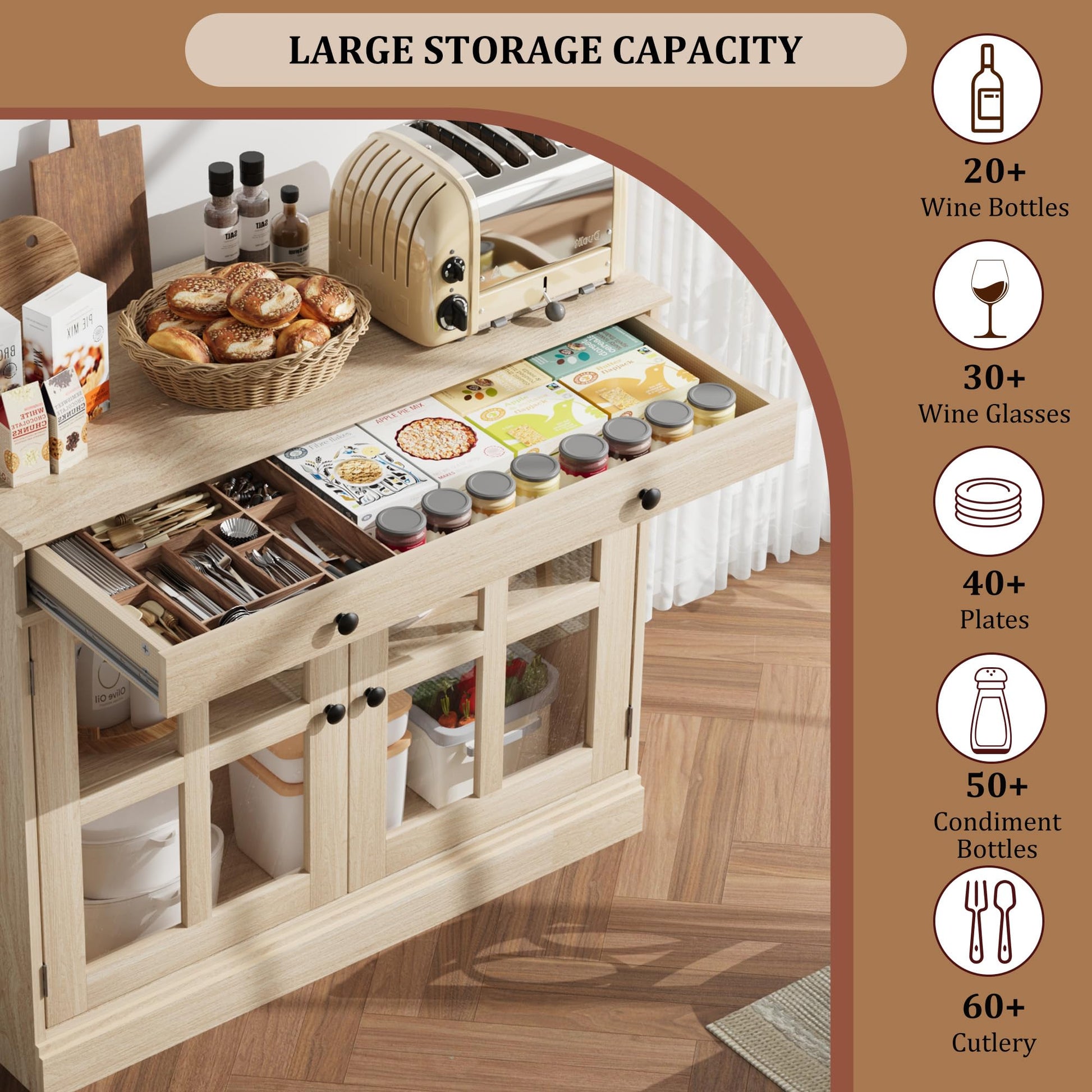 Credenza Garvee da 35,4" con anta in vetro, ripiani regolabili, chiusura ammortizzata, rovere, per sala da pranzo e cucina, struttura robusta, facile da montare