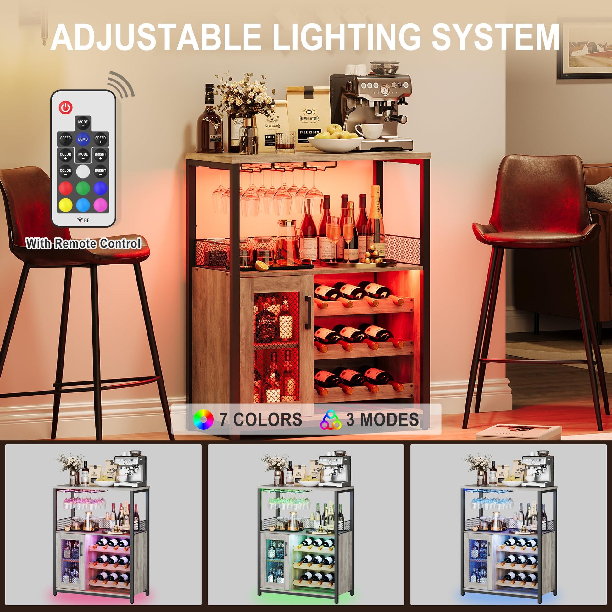 Mobile bar per vino Garvee con luce LED, ripiani regolabili, porta a rete, MDF e metallo, altezza 36", cucina e sala da pranzo, robusto, compatto