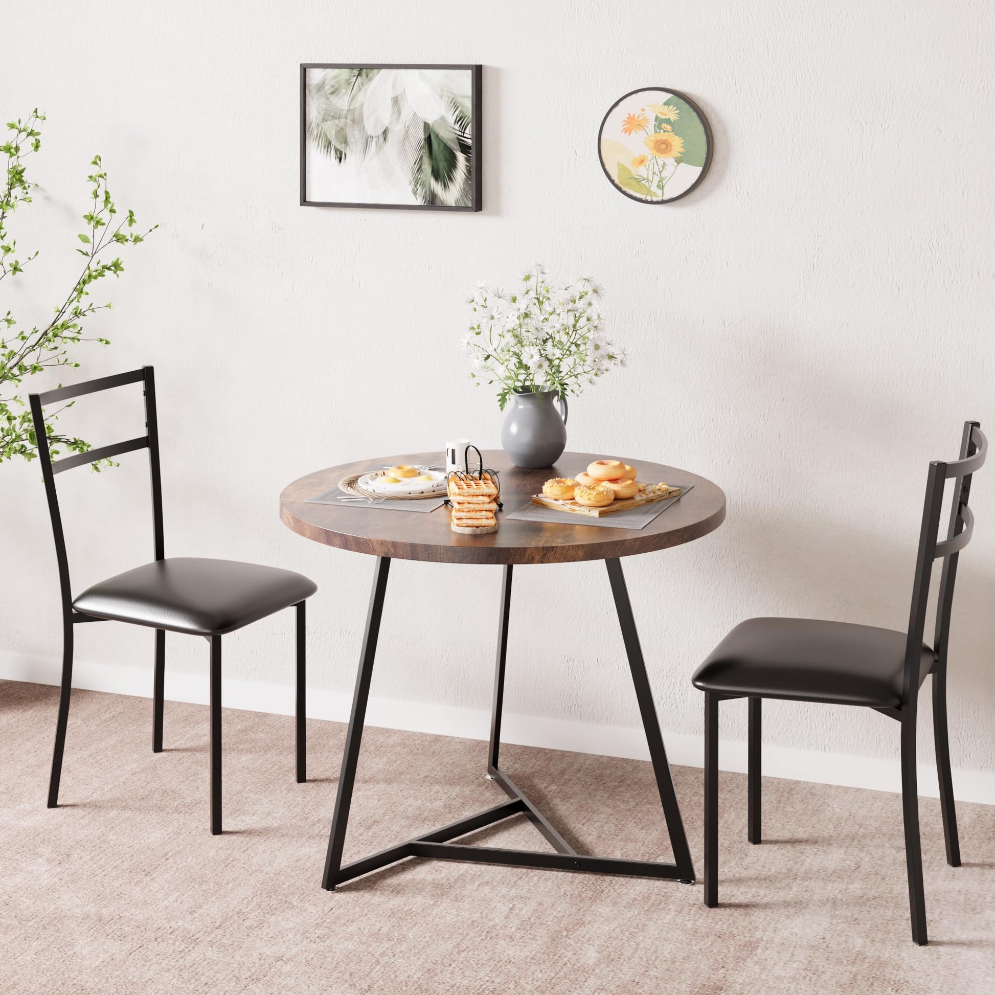 Set da pranzo rotondo Garvee per 2 persone con sedie imbottite, MDF e metallo, marrone retrò, salvaspazio per piccoli appartamenti