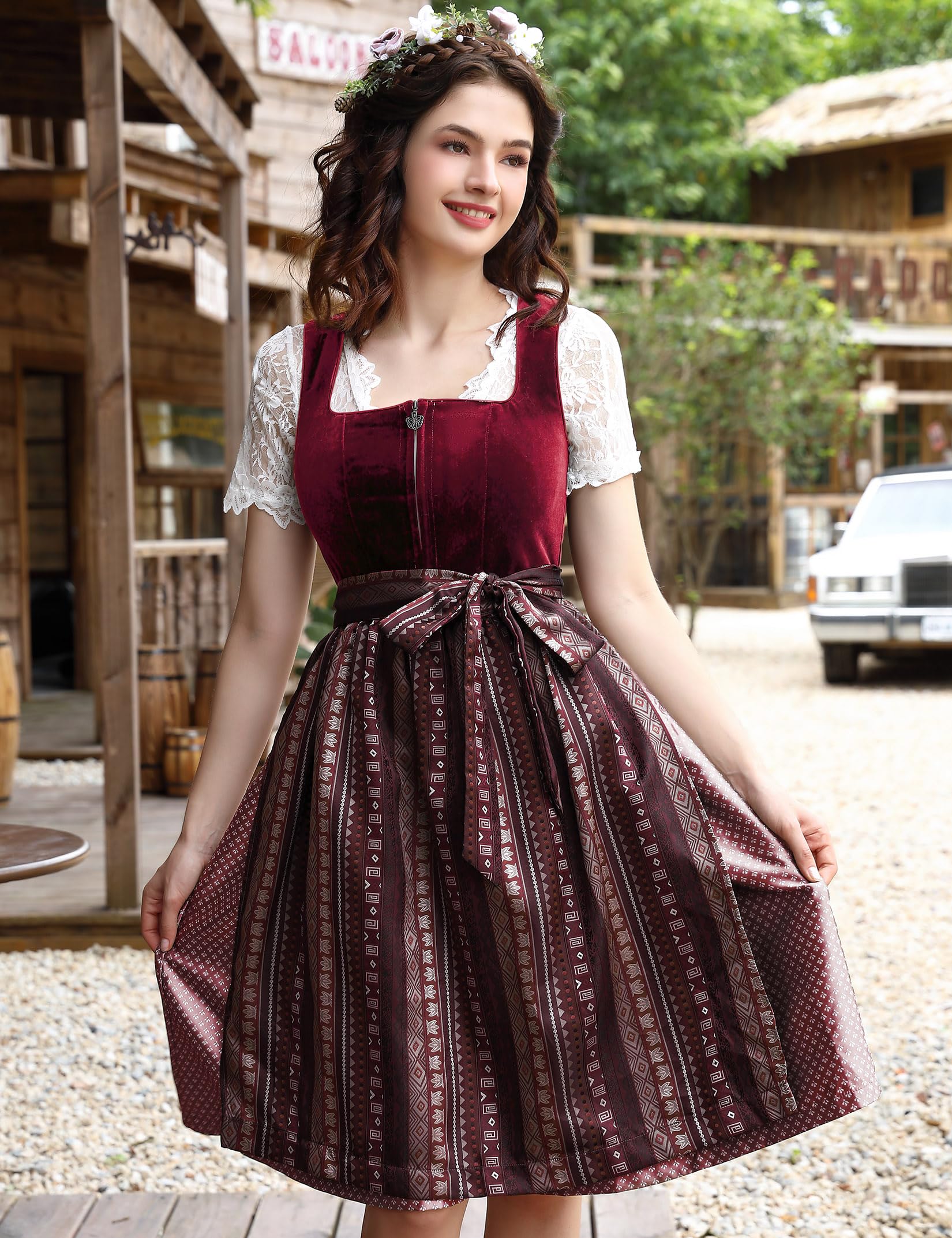 Garvee Velvet Dirndl Set 3 pezzi per donna Oktoberfest Abito tradizionale Gonna midi Nero Taglia 38