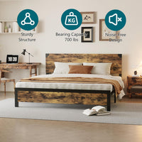 Struttura letto matrimoniale Garvee con testiera in legno, silenziosa, gambe in metallo, letto a piattaforma con contenitore, marrone rustico, camera da letto